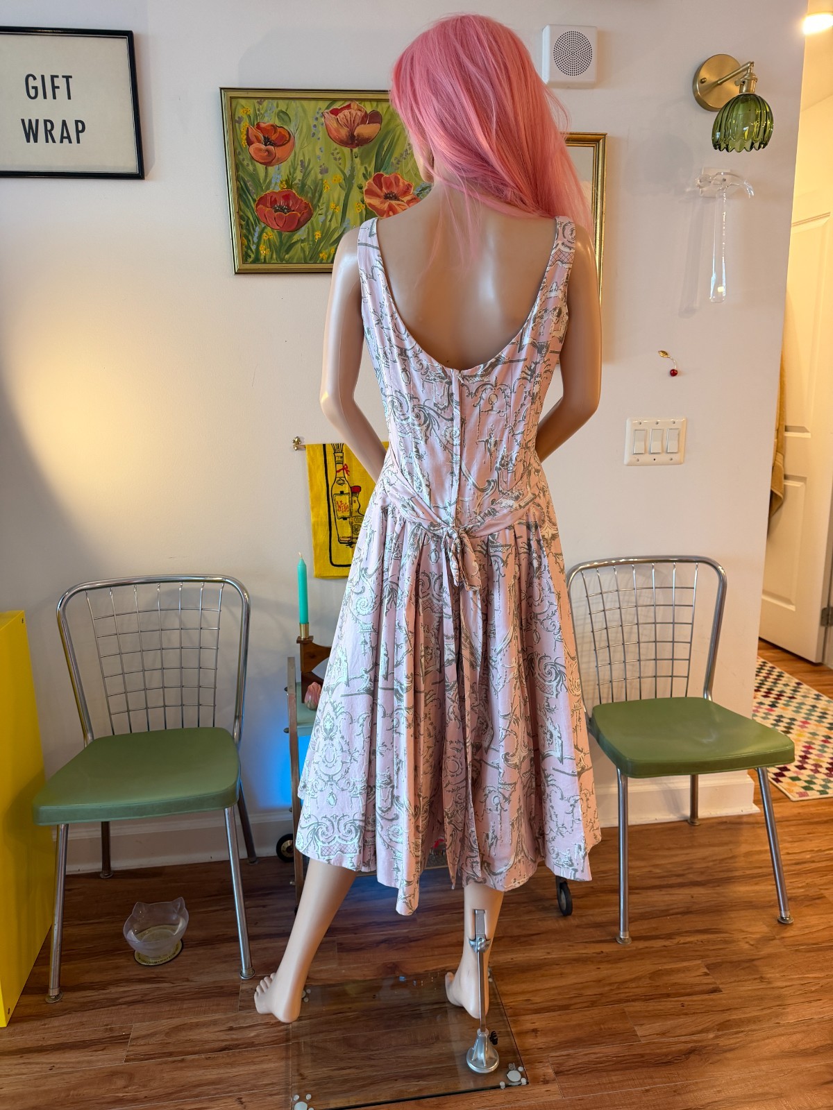 🎀 Vintage Mr Mort Pink Baroque Toile Fit & Flare Dress Full Skirt Cotton L