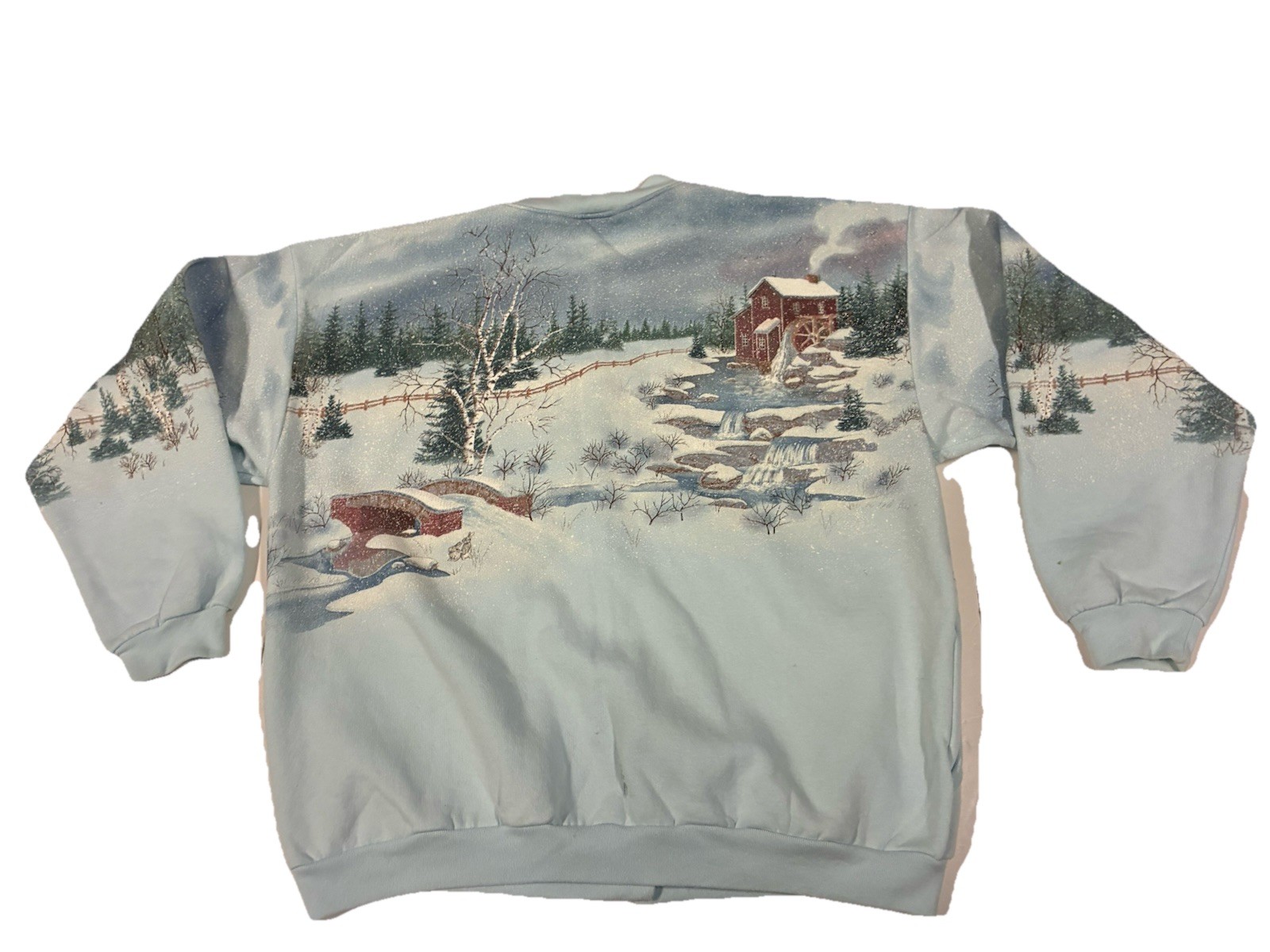 Vtg Winter Scene Graphic Sweatshirt Jacket Women’s Med Grandmacore Button (XL!)
