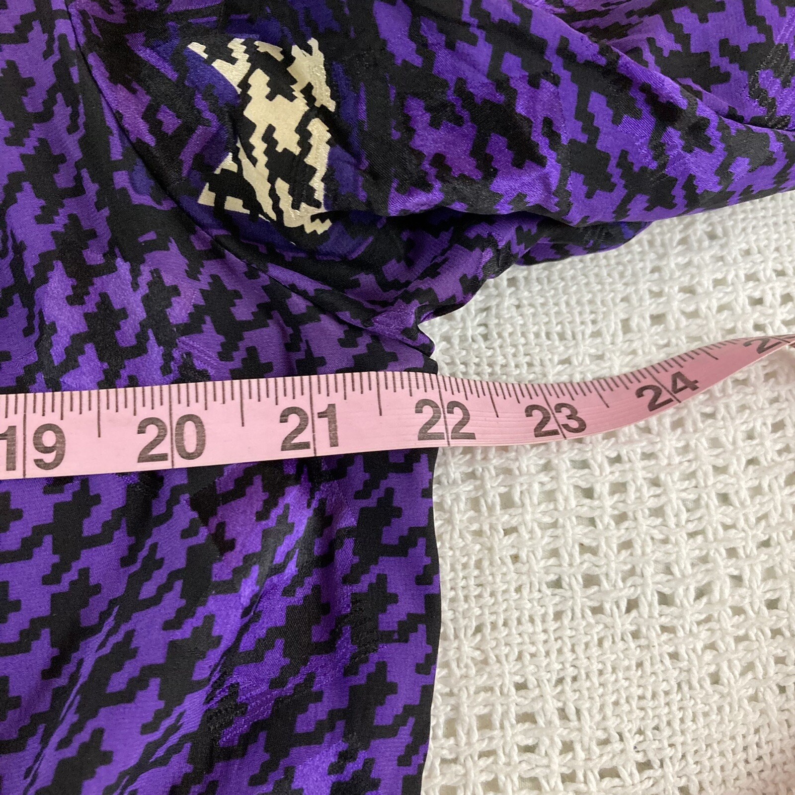 Vintage Lauren Alexandra Skirt Blouse Set Size 12 Purple Houndstooth Pure Silk