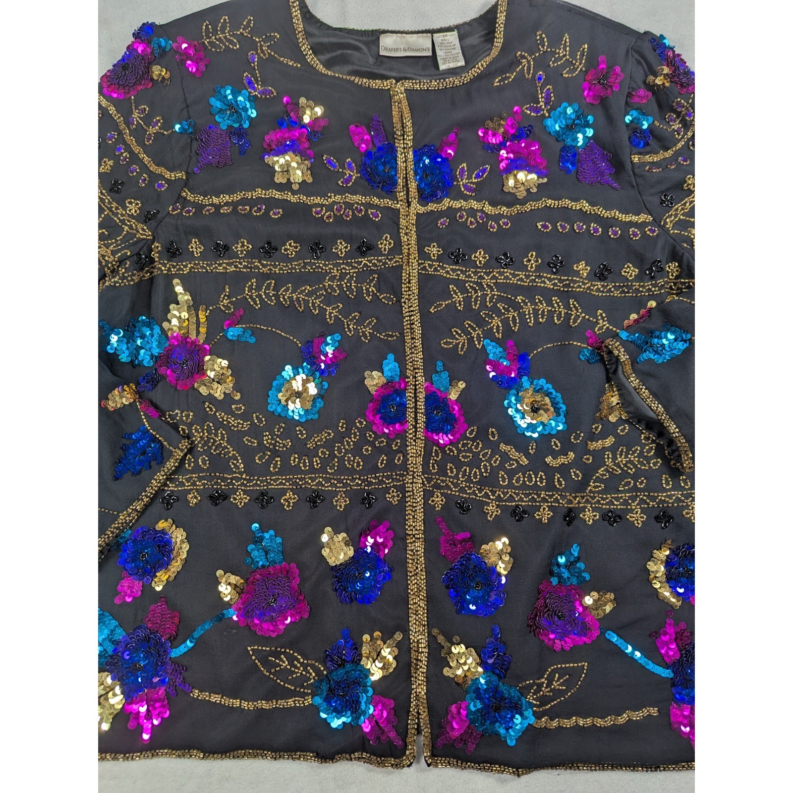 Drapers & Damon’s Vintage Silk Sequin Beaded Floral Evening Jacket Black Plus 2X