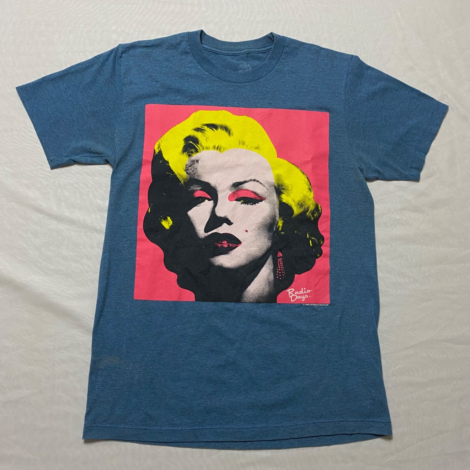 Vintage 1985 Marilyn Monroe Pop Art T-Shirt S Blue Junk Food Radio Days Flawed