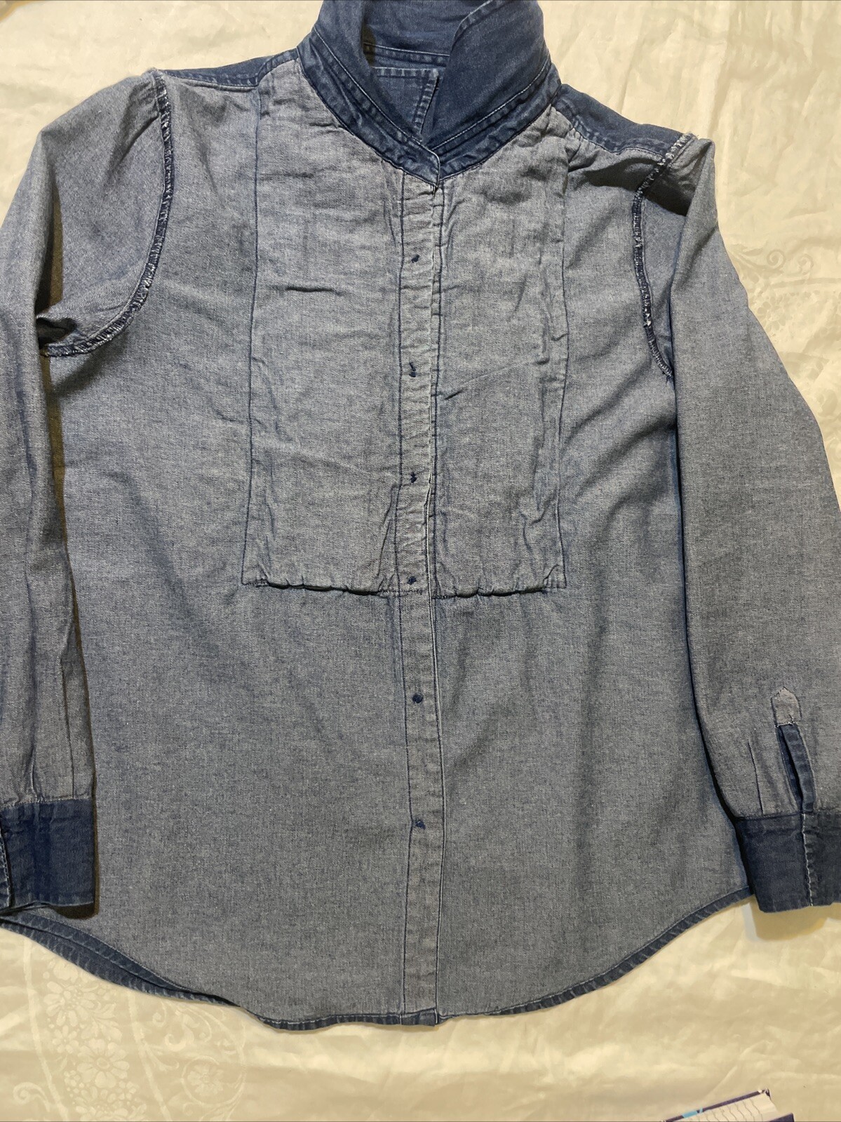 SERENGETI Catalog.com Vintage Pleated Denim Long sleeves Blouse Cowgirl Sz L