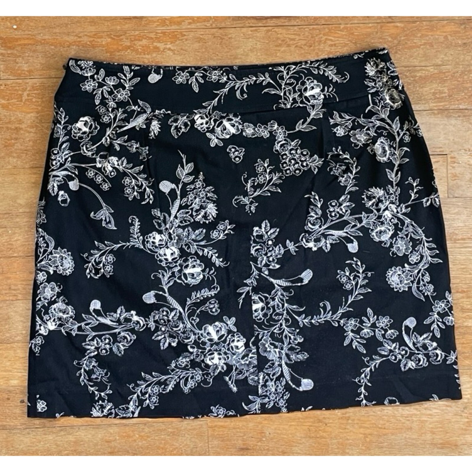 Vintage Floral Mini Skirt Size Large 31″ Waist 90s Twill Cotton Skirt Black