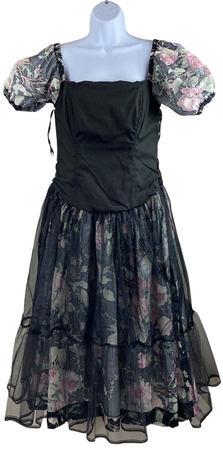 VTG 1980s s.g.gilbert Black Floral Chintz Dress Tulle Underskirt Tea Length Prom
