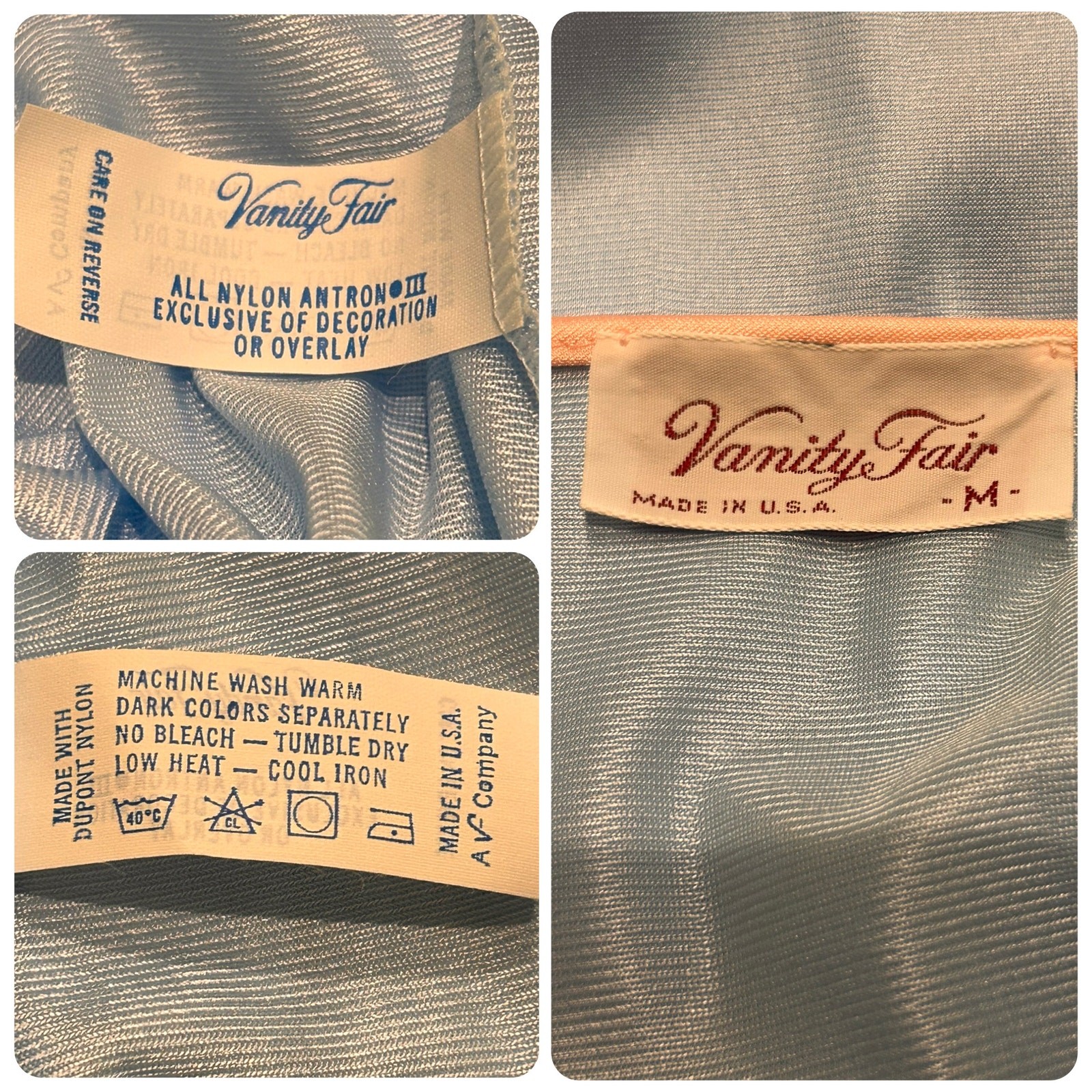 Vintage Vanity Fair Blue Nylon Nightgown Robe M Embroidered Floral USA ^