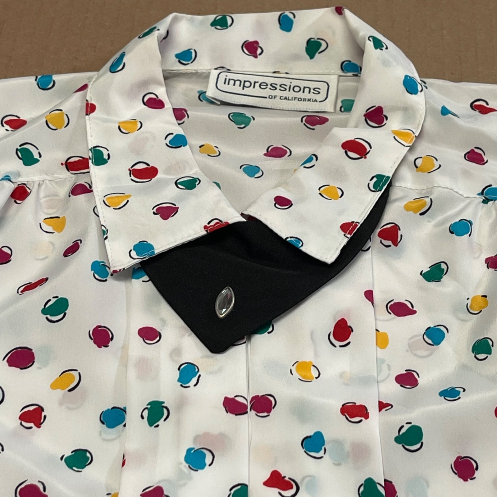 Vintage 1980s „Impressions” Confetti Abstract Polka Dot Blouse Womens L Sz 12/14