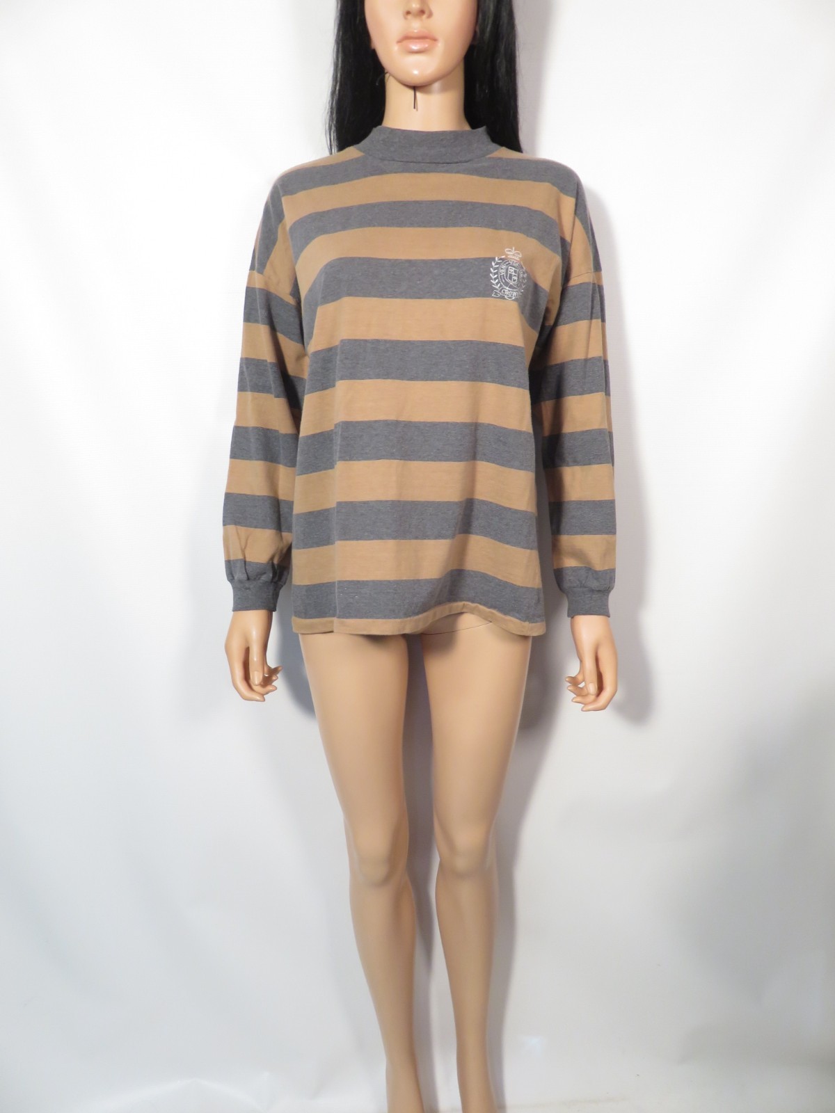 Vintage 80s/90s Gray And Khaki Striped Cotton Tshirt With Crest Logo Made In USA