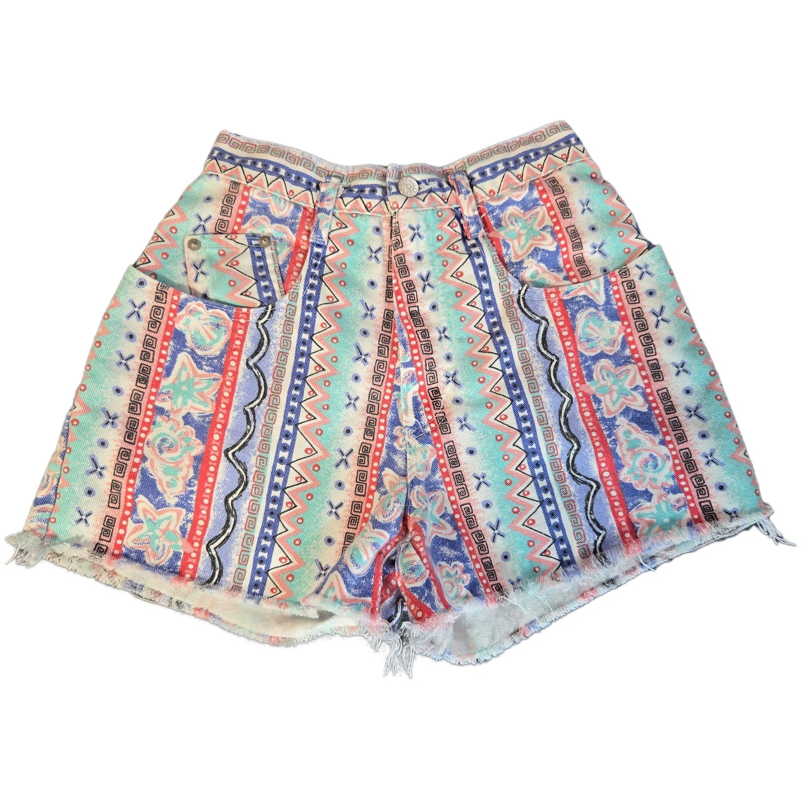 Vintage Mixed Blues 90s High Waist Tribal Print Denim Shorts Sz 5 Made in USA