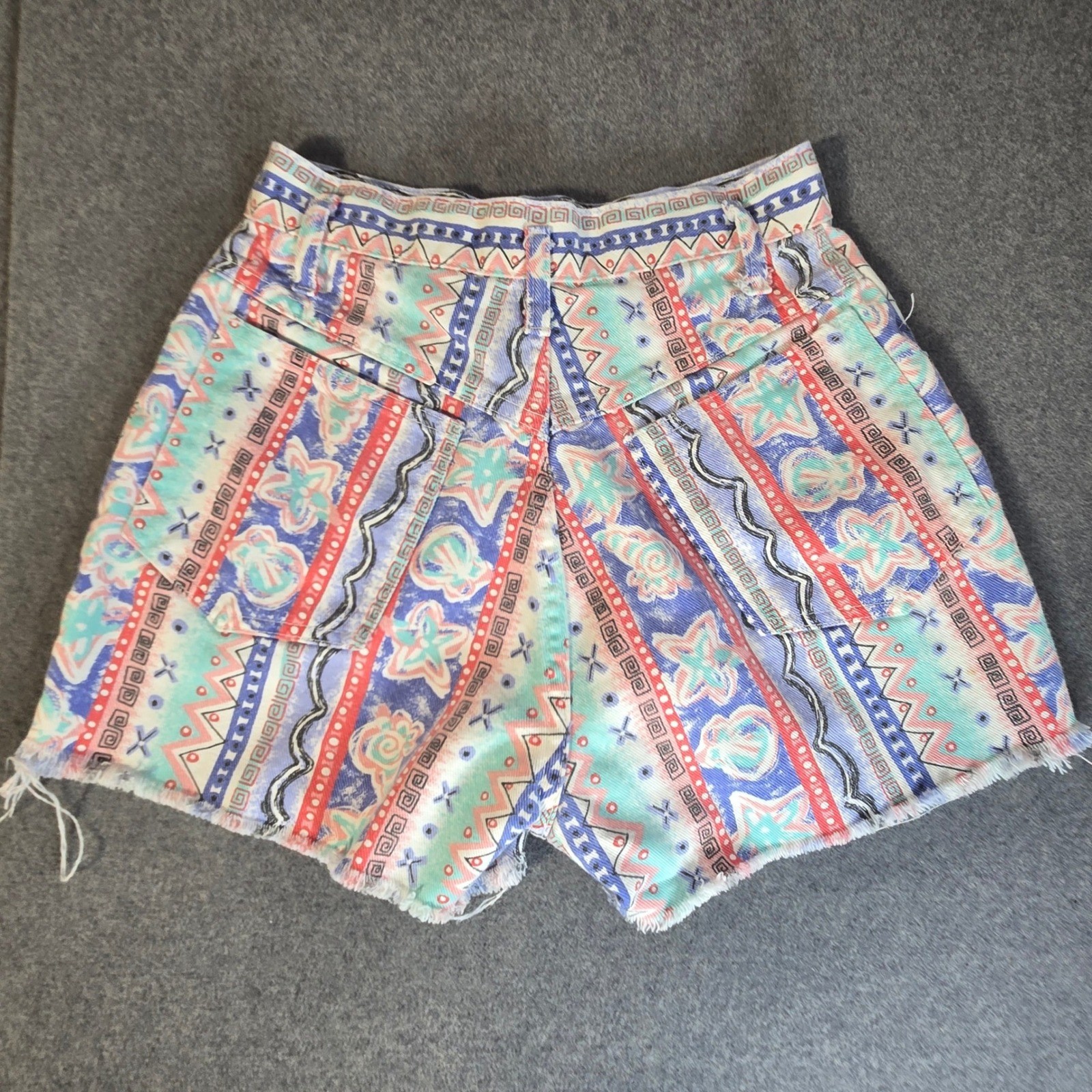 Vintage Mixed Blues 90s High Waist Tribal Print Denim Shorts Sz 5 Made in USA