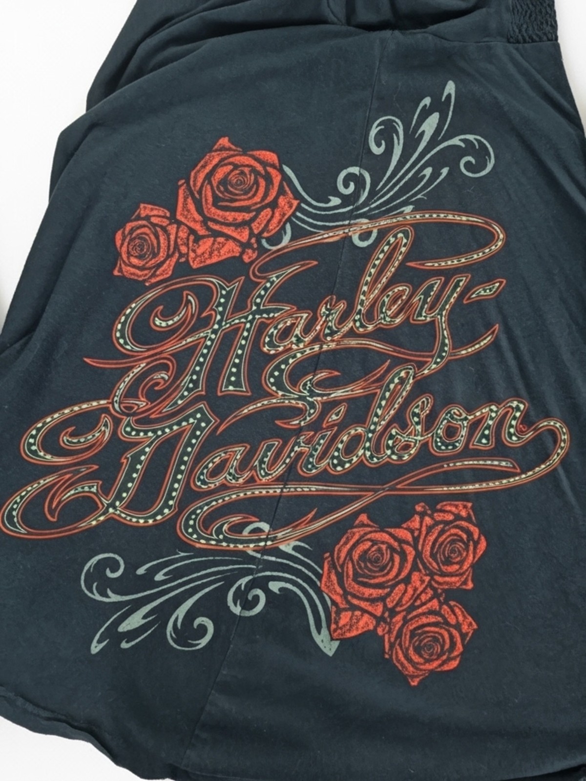 Y2K Harley-Davidson Black Label Halter Dress Rhinestone Rose Graphic Moto Sz M
