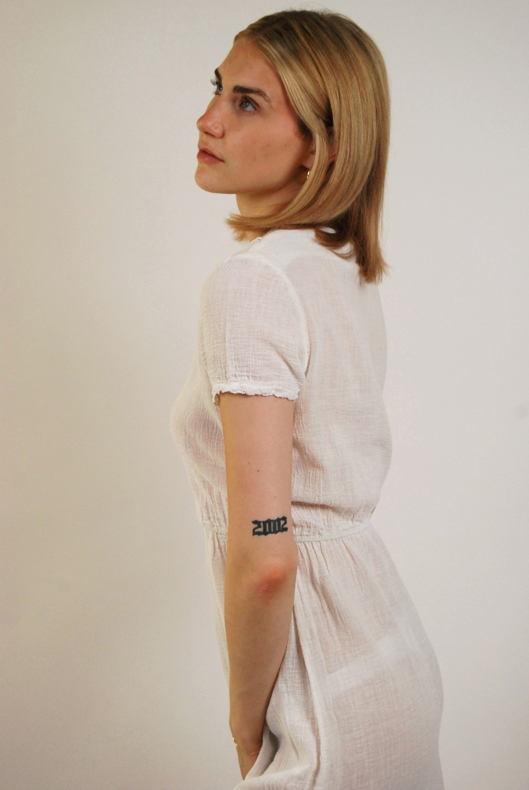 70s Embroidered Dress (S) white gauze midi small vintage folk mexican hippy boho