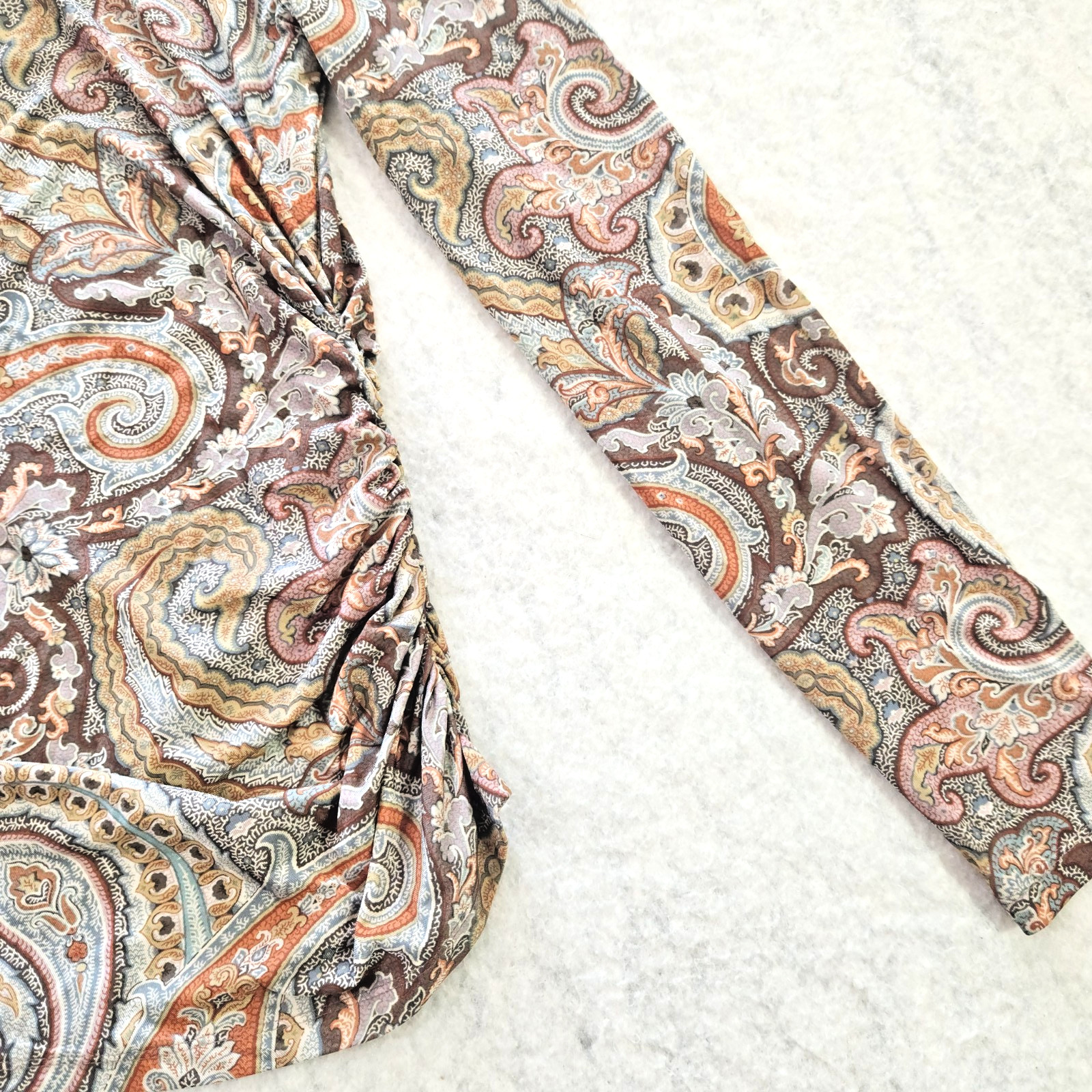 Vintage CARLISLE Paisley Fitted Shirt Women’s 12 Stretch Lightweight Ruched Top