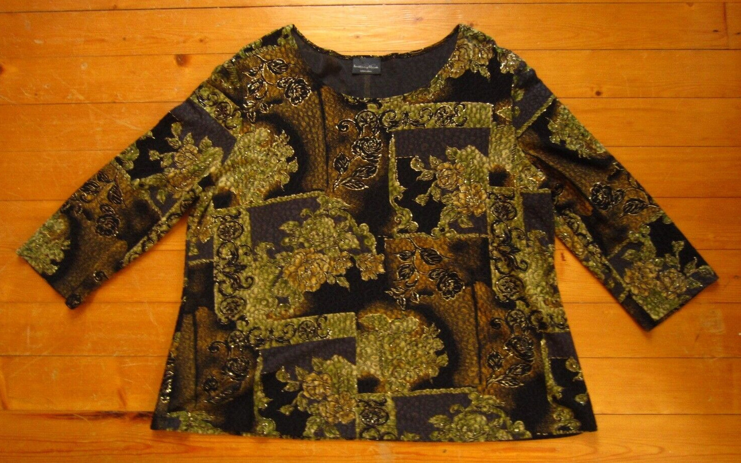 Vtg Brittany Black Womens Top Gold Green Brown Long Sleeve Shirt Blouse Sz XL