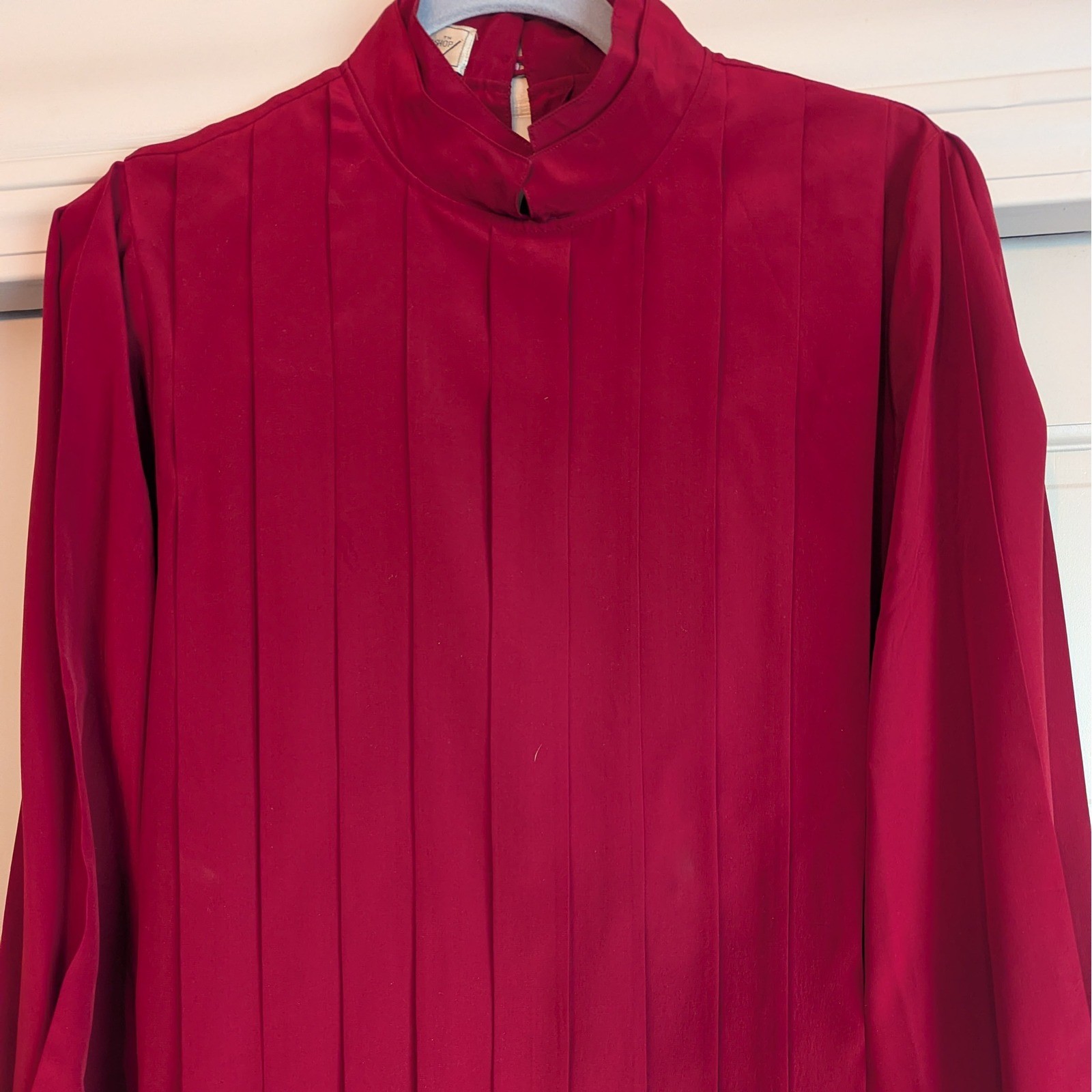 Vintage Silk Blouse Red Pleated High Neck Long Sleeve Elegant Top