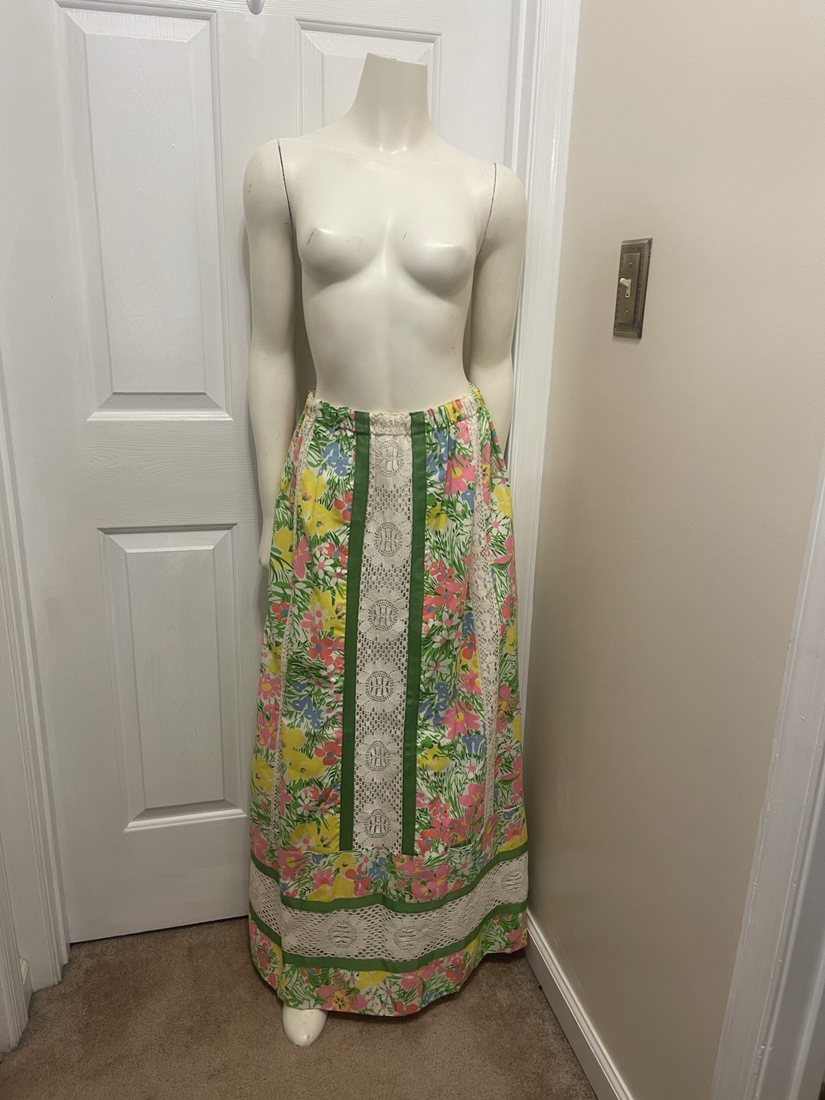 Vintage Floral Patchwork Strapless Dress Skirt Lace Cottagecore 70s Prairie Pink