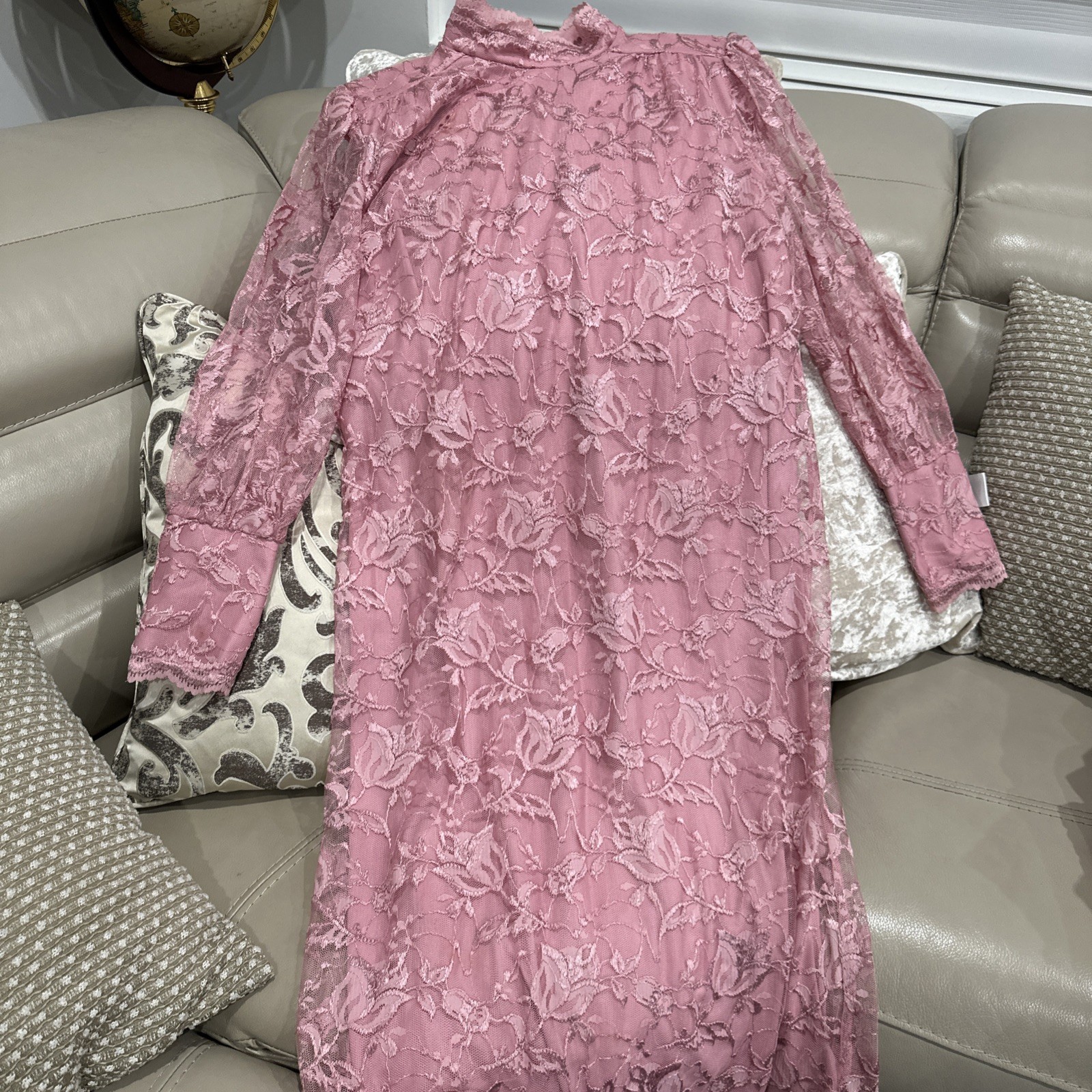 80s Blair Boutique Lace Dress 5-Button Cuff Keyhole Mock neck Mauve Sz 14 USA