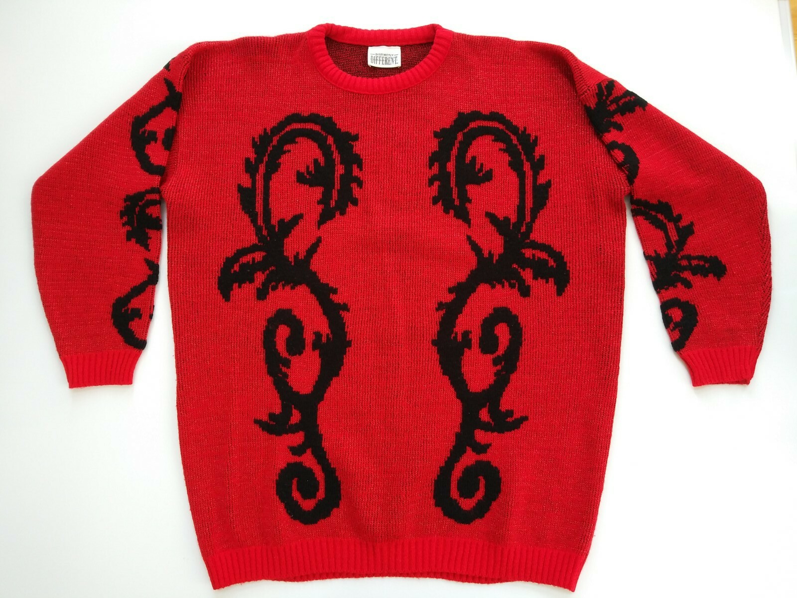 Vintage DISTINCTLY DIFFERENT Floral Shiny Red and Black Sweater Size L/XL EUC