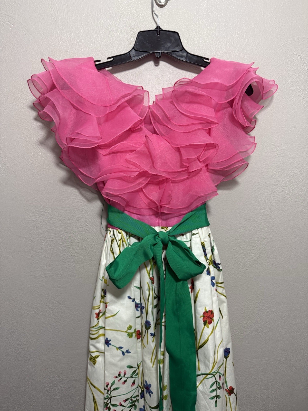 Vintage 70s William Pearson Dress Pink Green Floral Organza Ruffle Gown Sz XS/4
