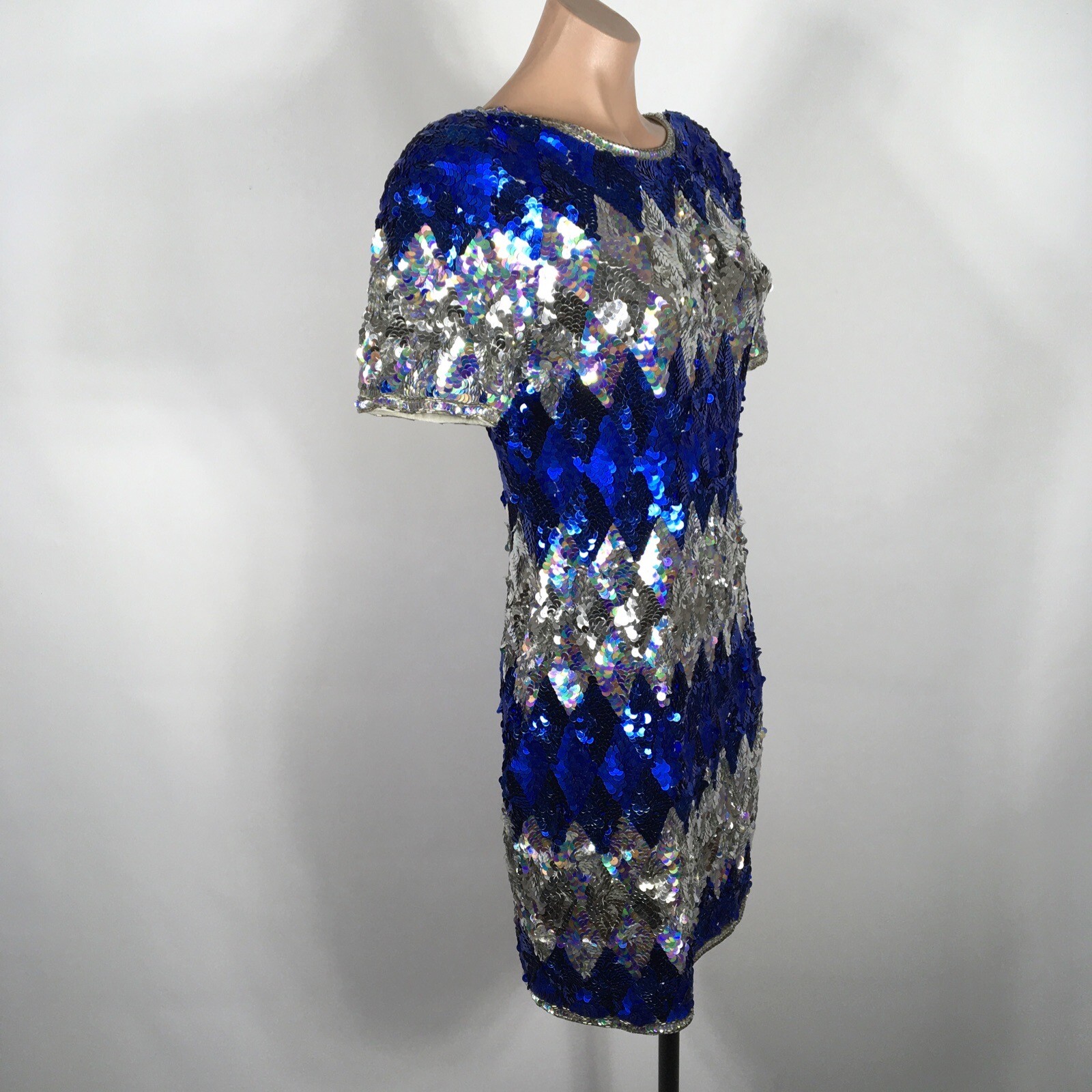 Vintage Iridescent Sequin Low Open Back Party Dress Mini Beaded – Size M