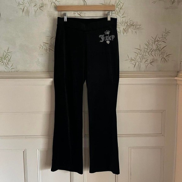 Juicy couture black velour sweatpants silver rhinestone crown heart logo M