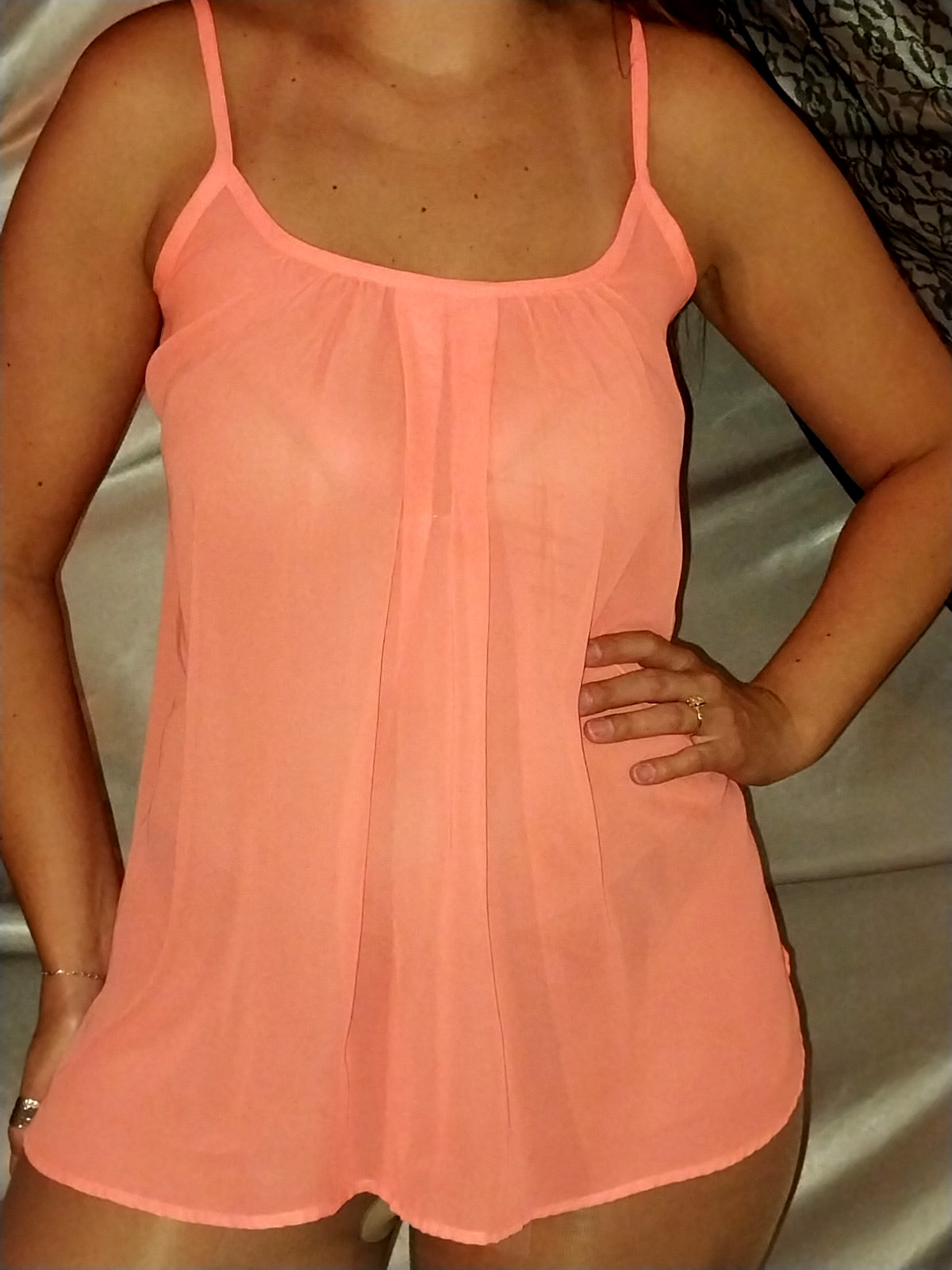 VTG SILKY SHEER NEON ORANGE PINK CAMISOLE TOP PLEATS SHIRT NEW USA CHIFFON ESQUE