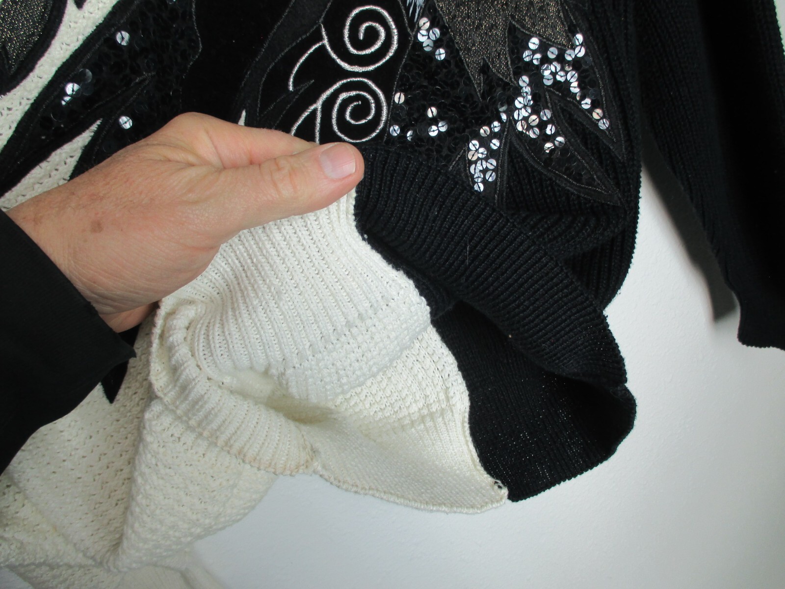 Vtg Bonnie Boerer Pret Novelty Sweater Black White Dragon Bird Applique Deco EUC