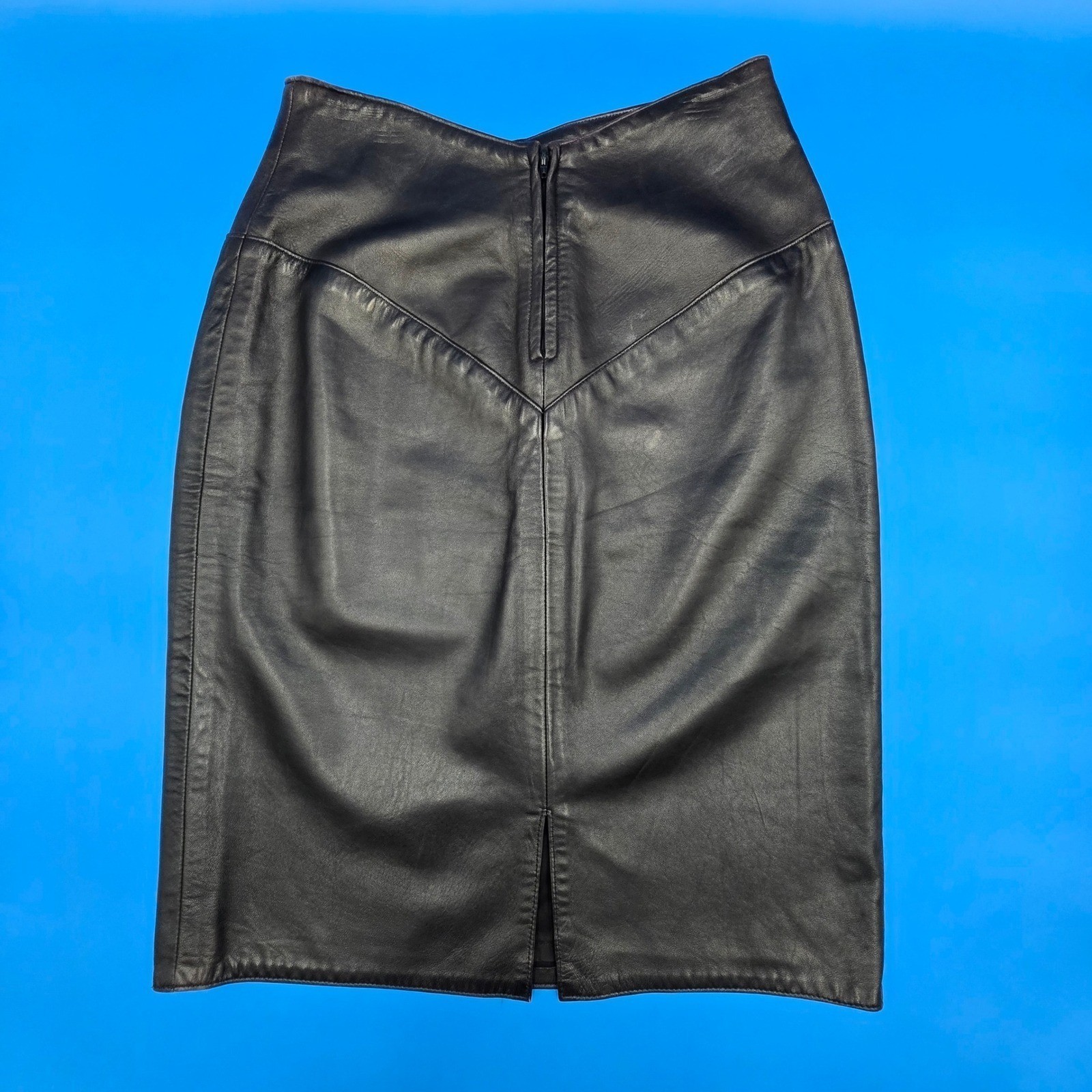 Georgetown Leather Design Vintage Black Leather V-Yoke Pencil Skirt 14 fits 6