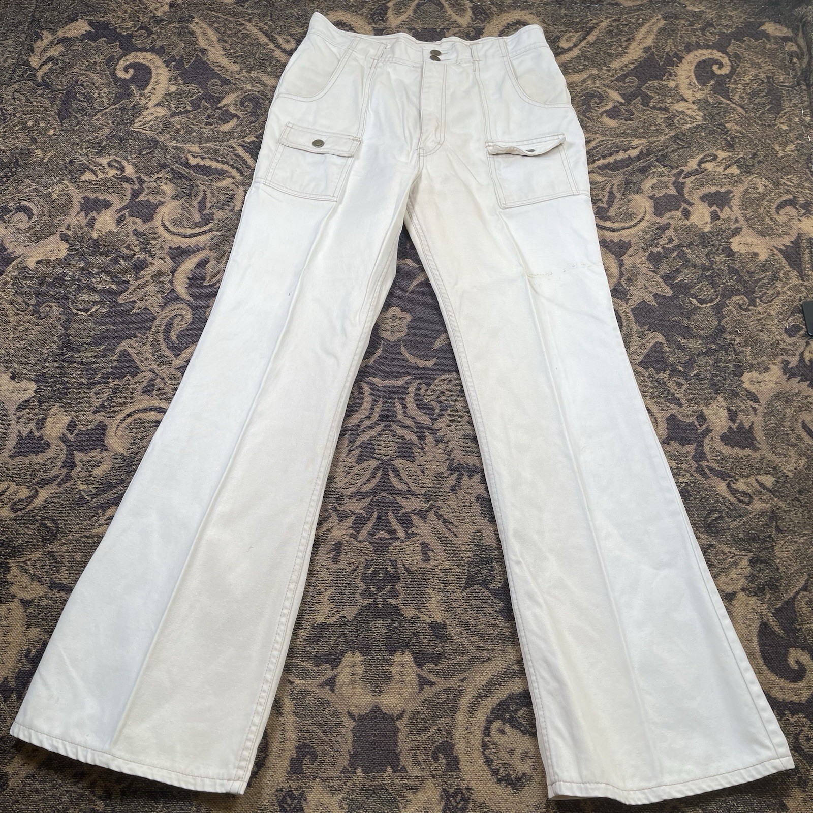 Vtg 70s Grape Vines Cargo Flare Wide Leg Beige Pants Juniors Size 32×33