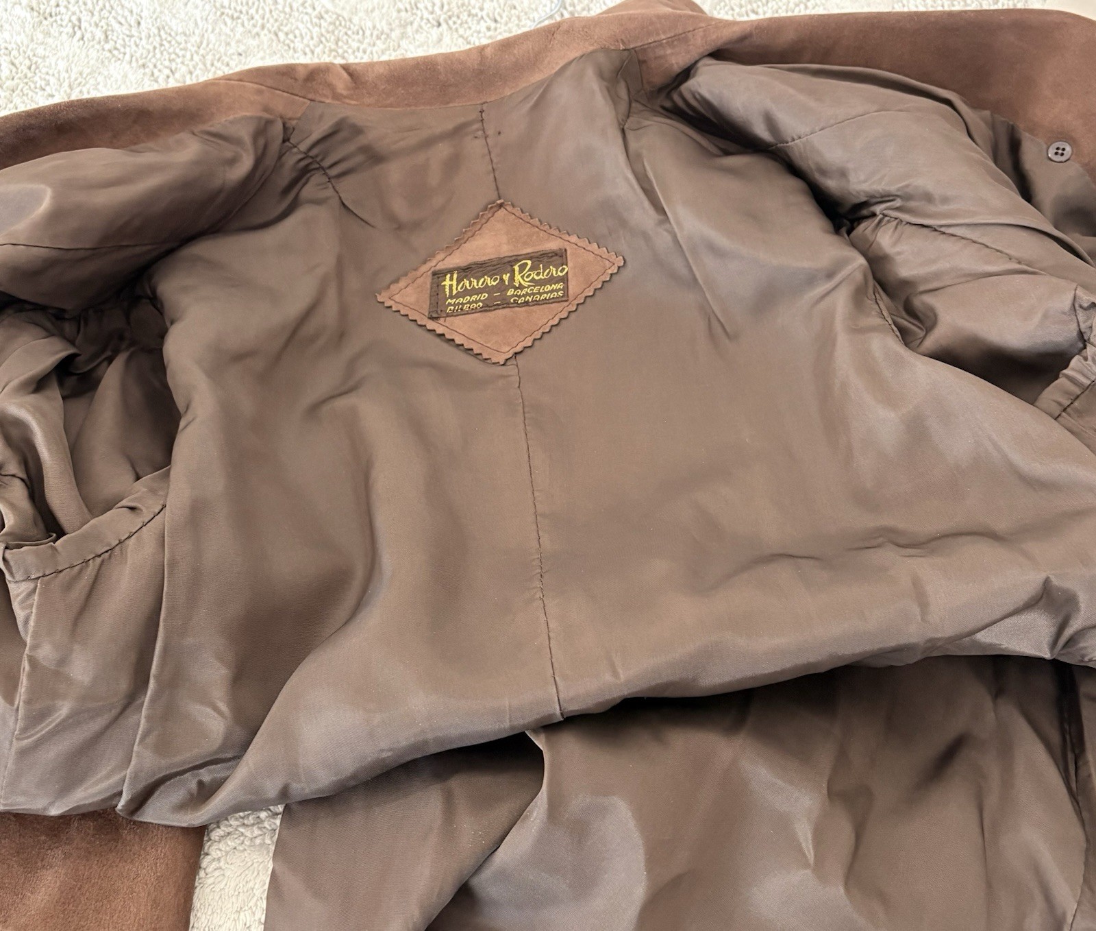 Vintage HERRERO Y RODERO Suede Leather Long Coat Button Sz L 60s 70s Barcelona