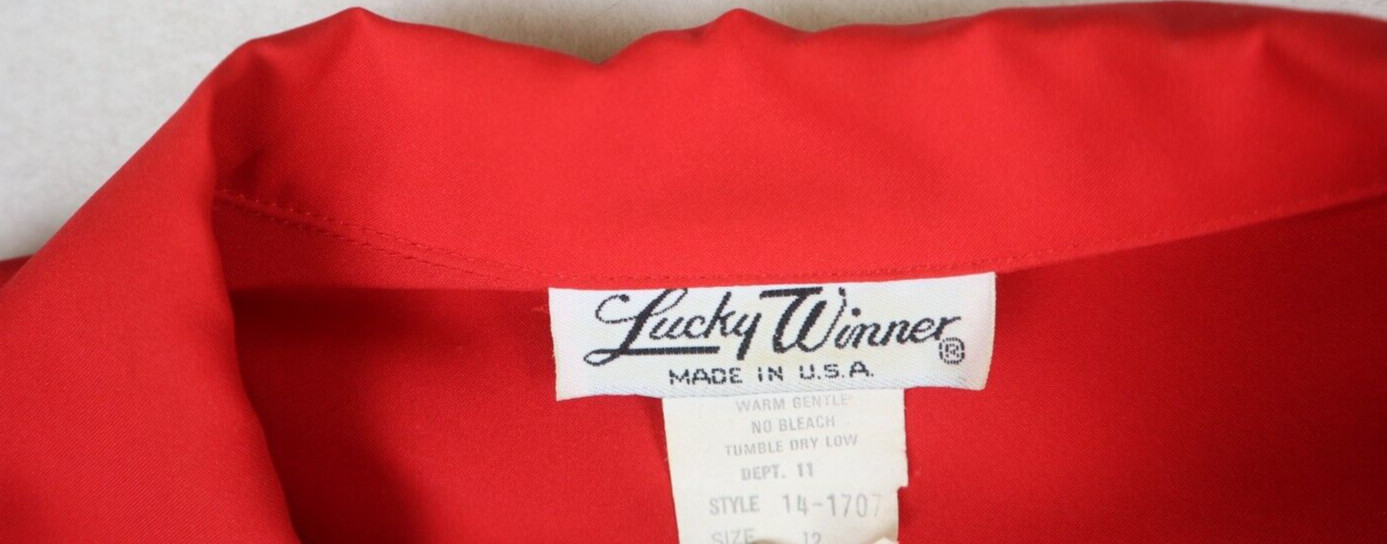 VINTAGE WOMEN’S RED LONG SLEEVE BUTTON-UP BLOUSE – LUCKY WINNER – SIZE 12