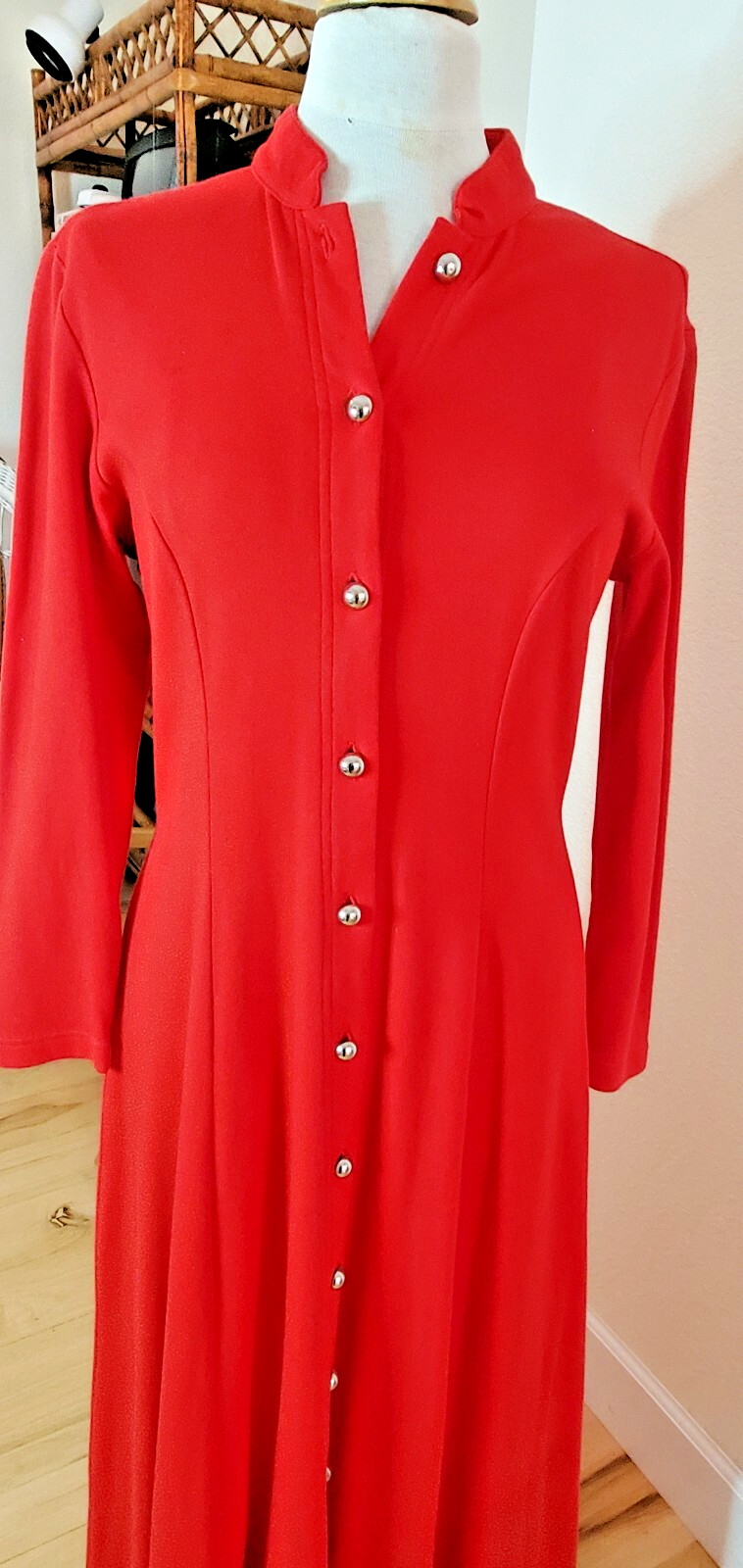 Vintage 1980s Christmas Red Dress Long 100% Cotton Sz 10 Silver Button Ann Tjian