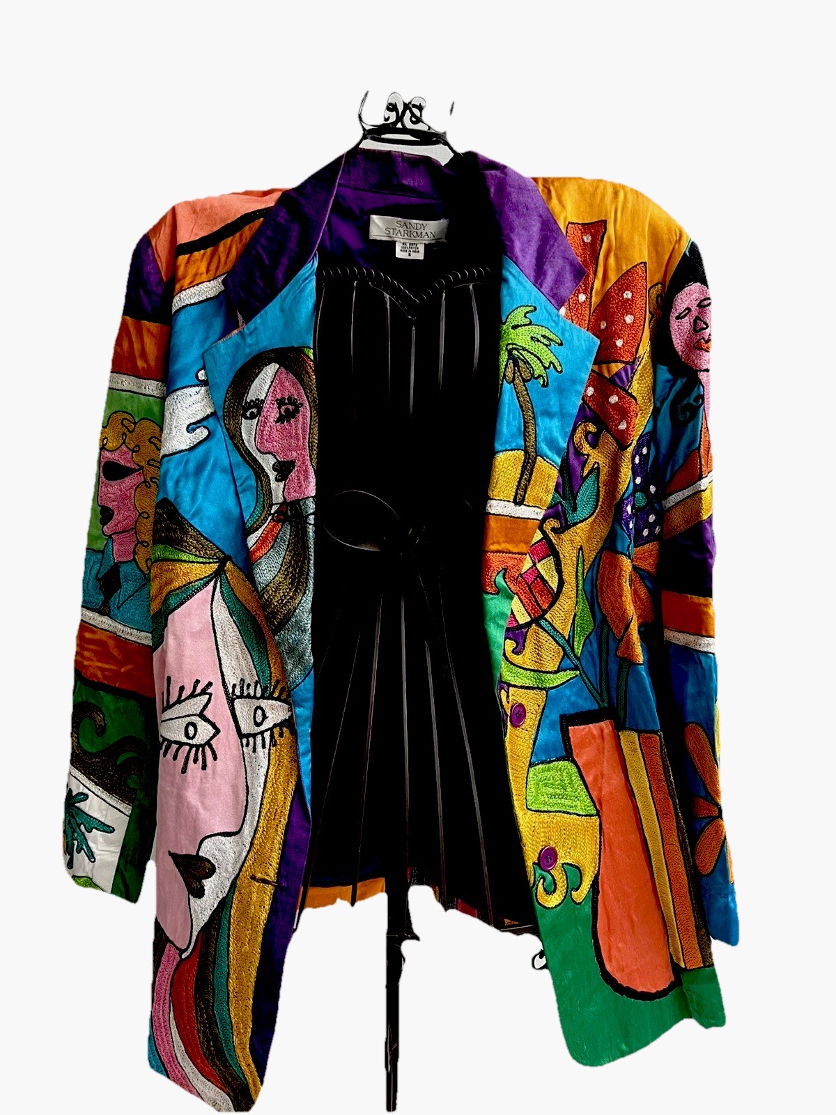 Vintage 80 Sandy Starkman Wearable Art Jacket Picasso Cubist Embroidered S Rayon