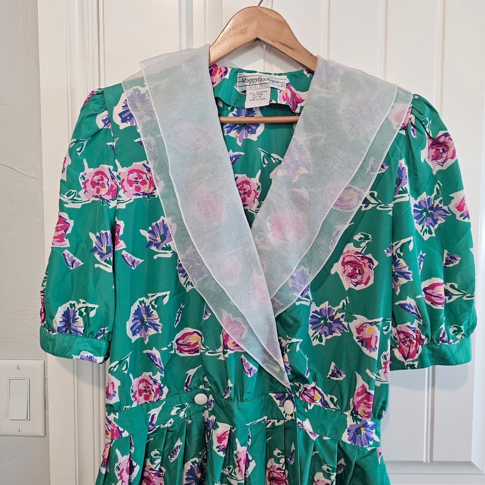 Vintage 90s Maggy Boutique Dress Women Sz 16 Green Floral Pleated Preppy Cottage