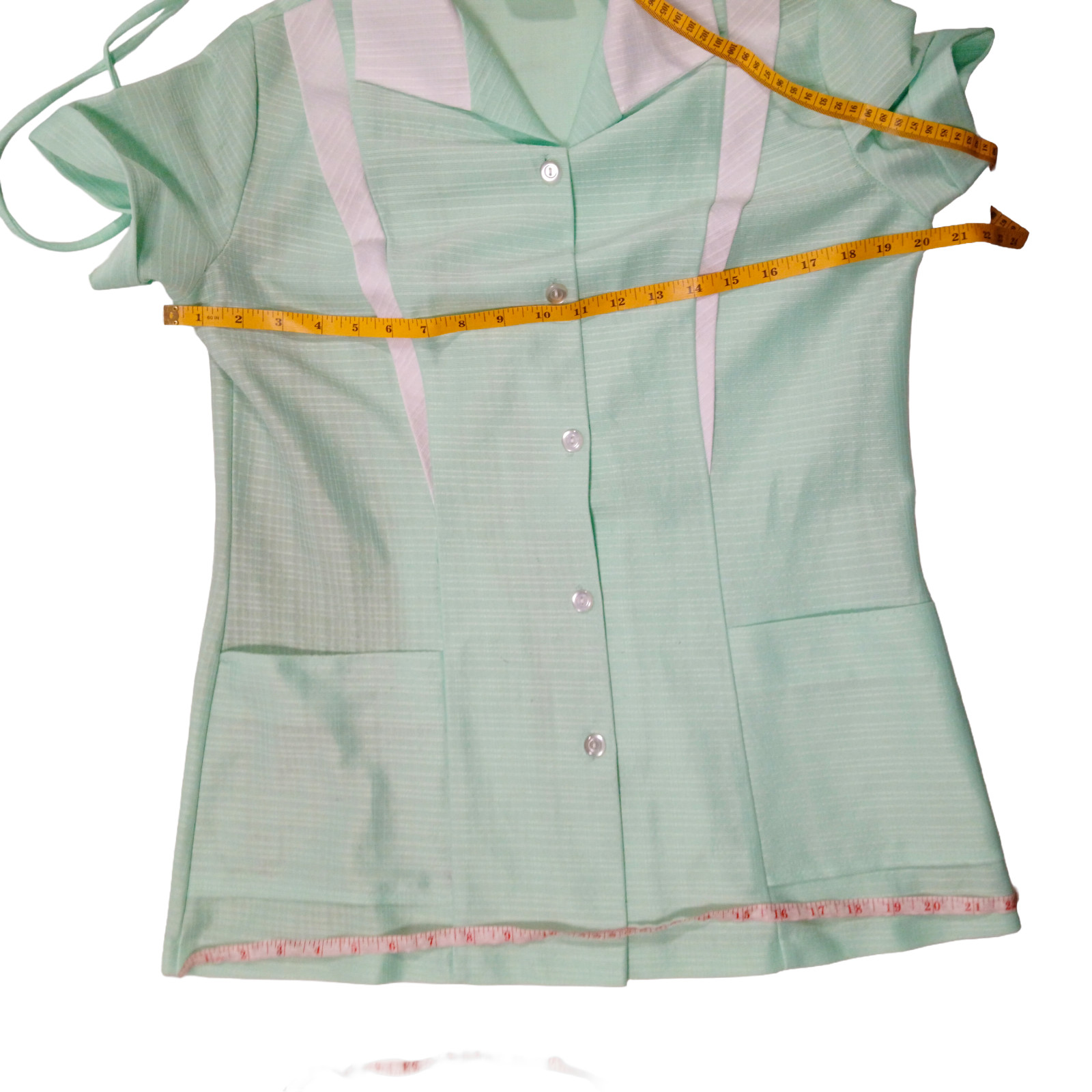 Vintage 1970s Nurse Uniform Top Womens Medium Mint Green White Medical Smock