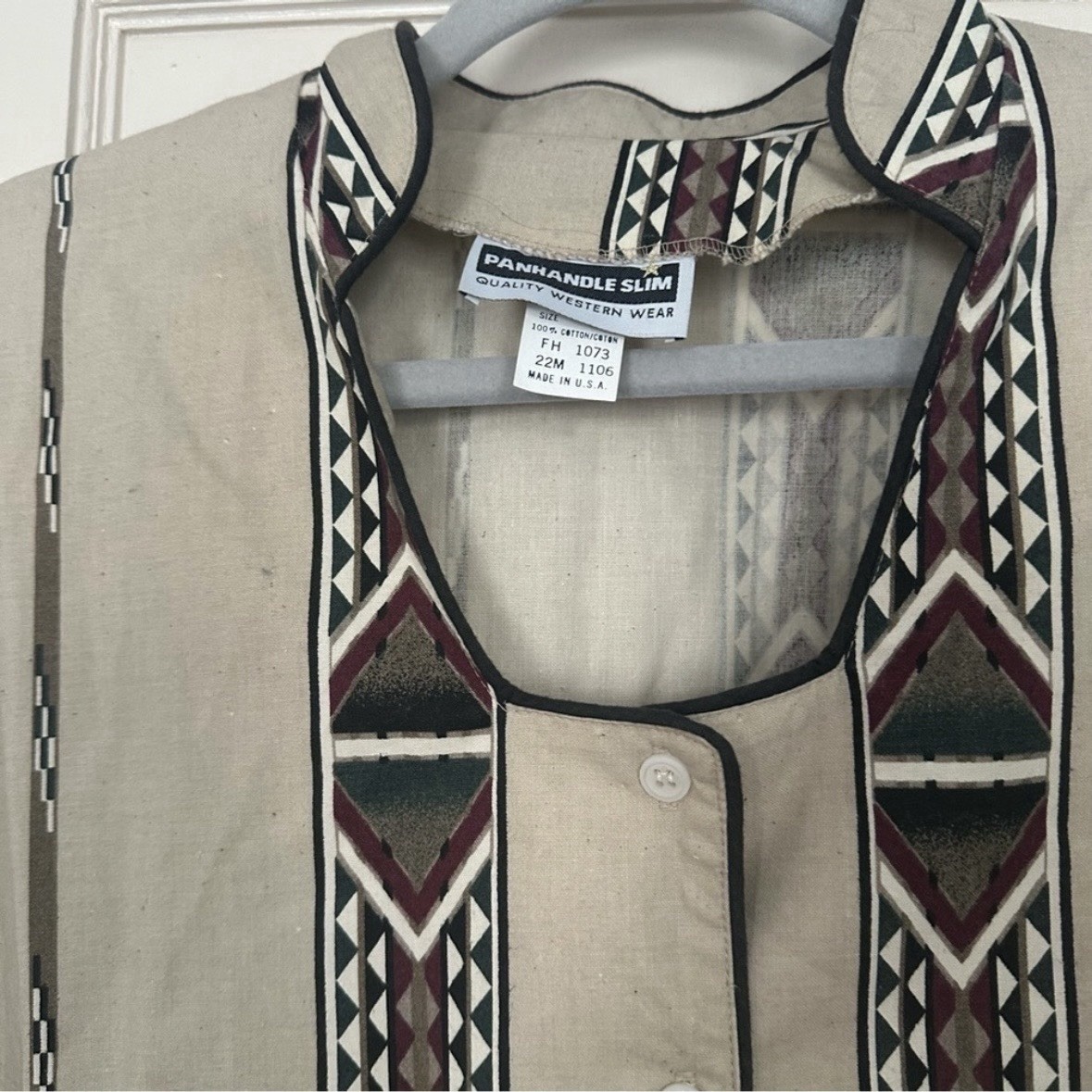 Vtg Panhandle Slim Aztec Shirt Tan & Brown Rare Scoop Neck Western Cosplay Sz M