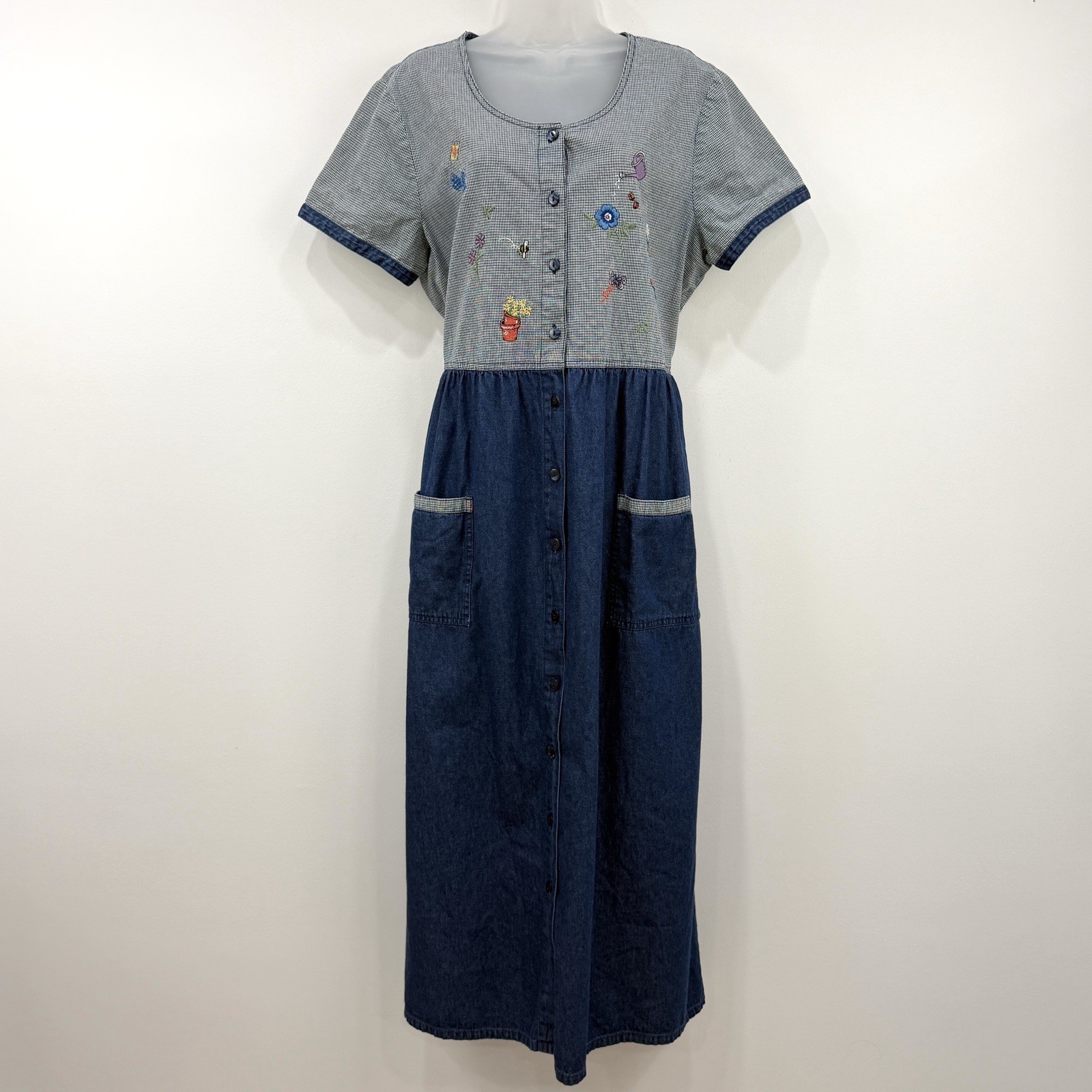 VTG 90s Bobbie Brooks Denim Dress XL Garden Gingham Cottage Country Teacher Maxi