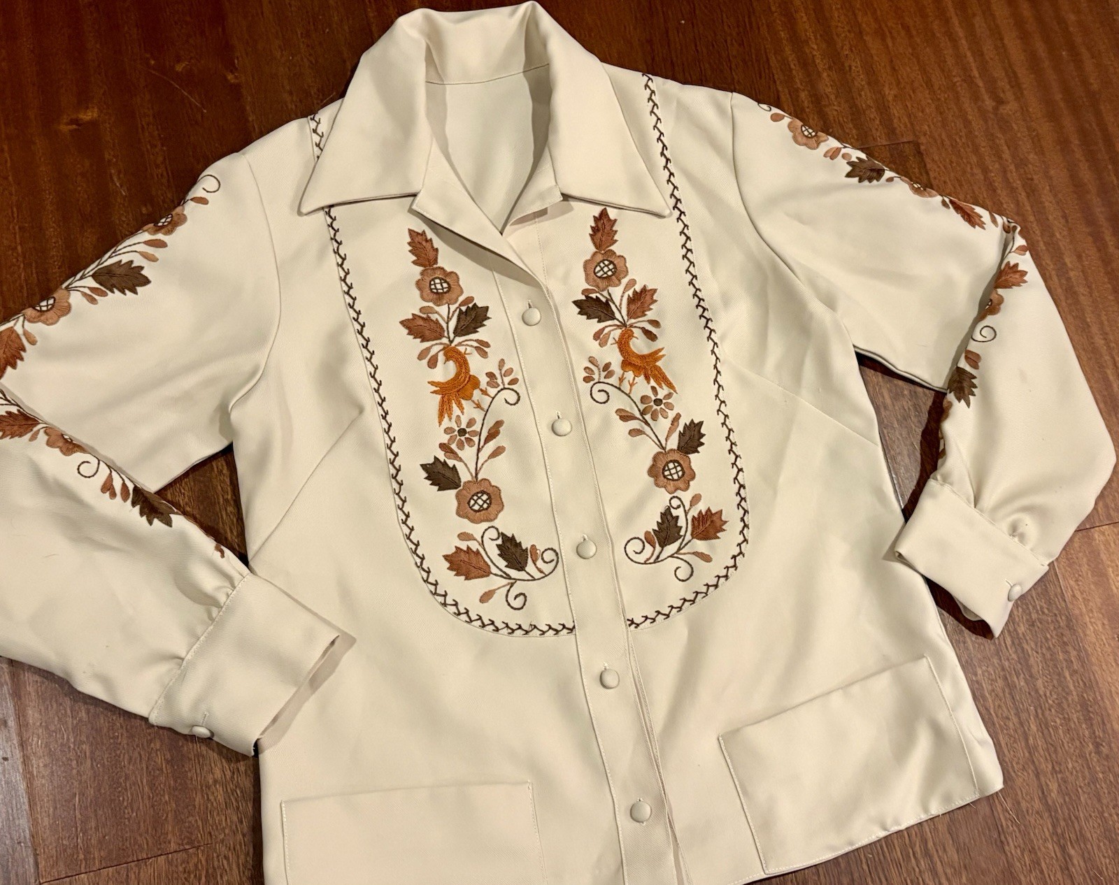 Vintage 60s 70s Embroidered Peasant Folk Shirt Top Bohemian Handmade Tan Button