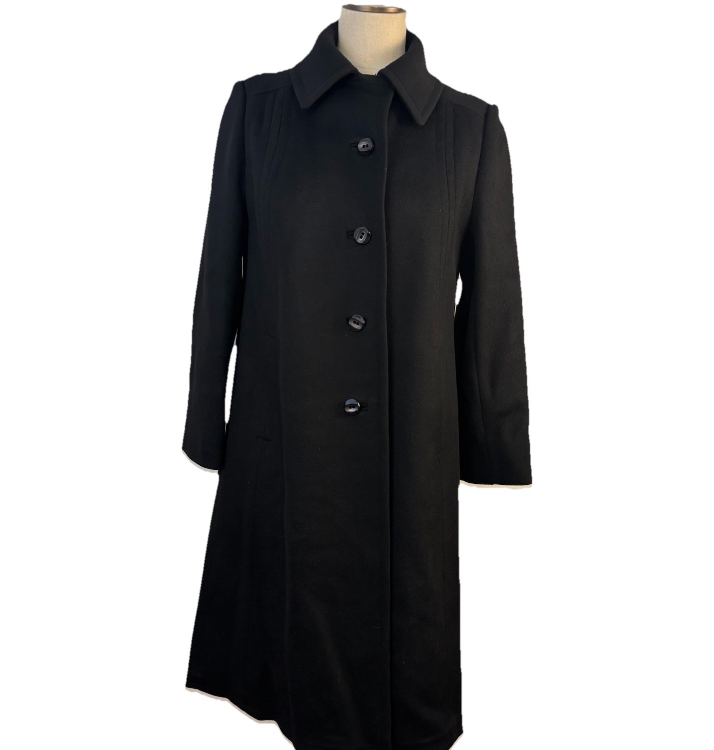 VTG 1960s Stevens Forstmann Black Wool Swing Coat Mod Jacki O Style Quiet Luxury