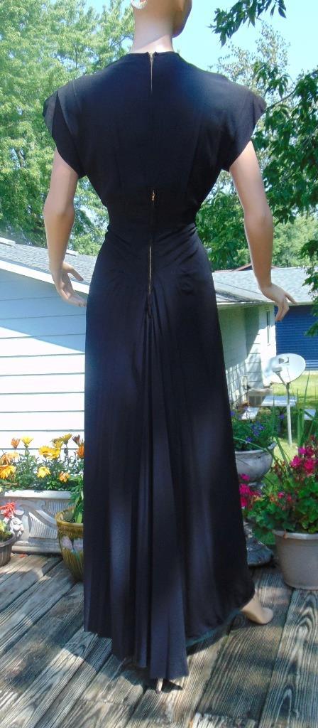 VTG 40s Black Rayon Sequin Cocktail Dress Back Drape 28W