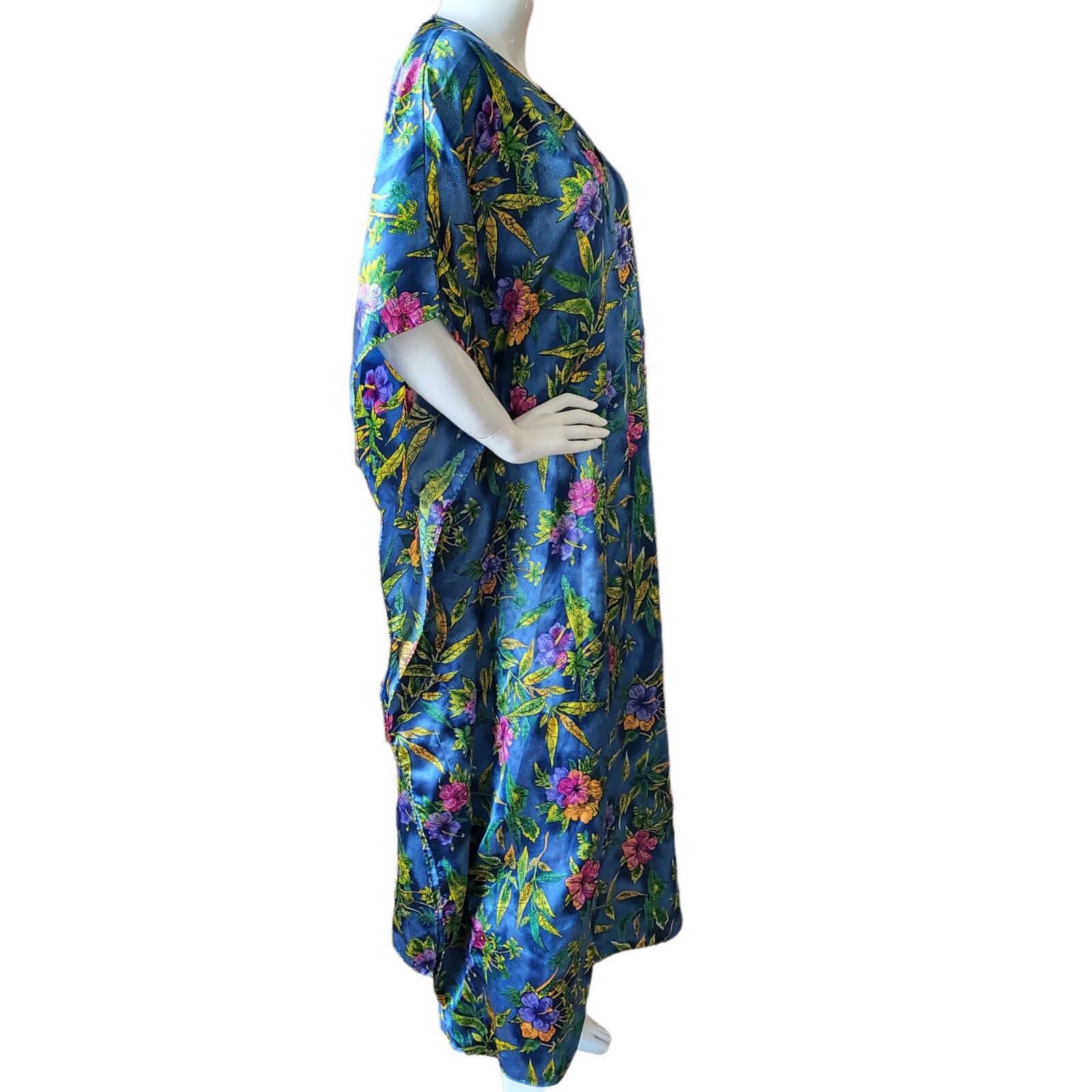 Vintage Winlar Mayoria Hawaiian kaftan house lounge dress mumu Blue Floral M-XXL