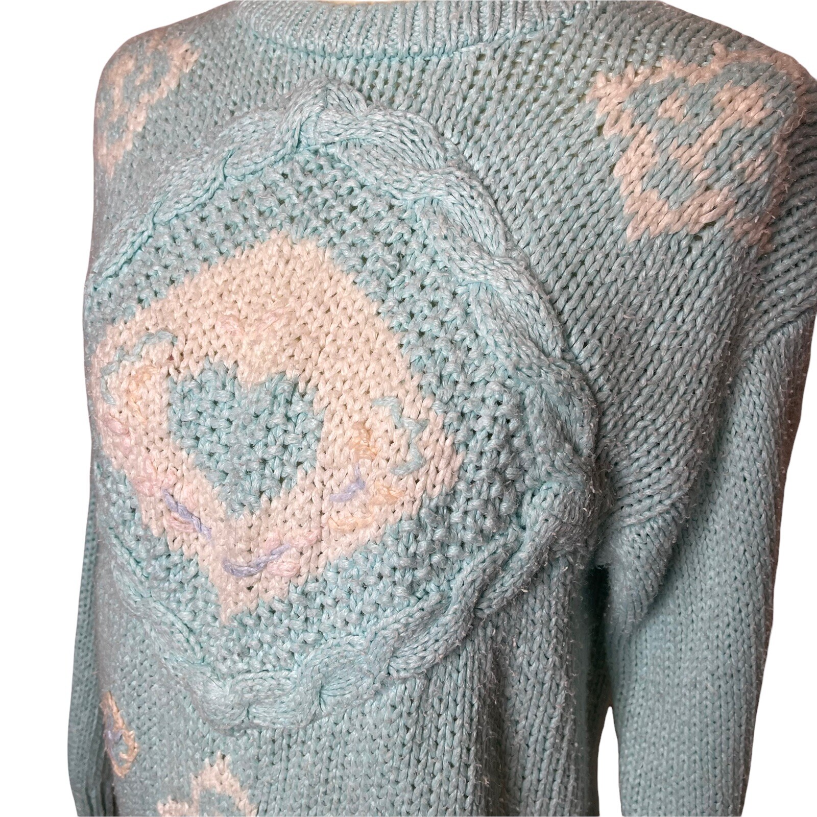 Vintage 80s Spice of Life Fairy Kei Kawaii Sweater Ramie Acrylic Sea Foam Blue M