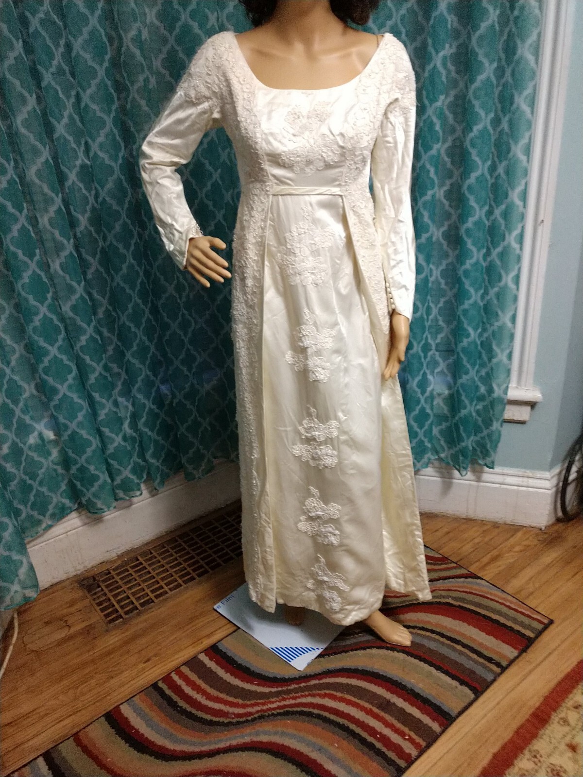 Vintage 1960’s Juliet champagne Satin Wedding gown Long Sleeves Empire waist