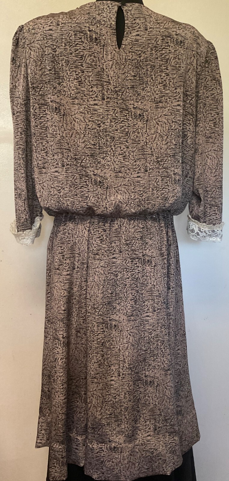 Vintage 1980s Black Patterned Dress with Lace Collar & Cuff-Large-Lorac Original