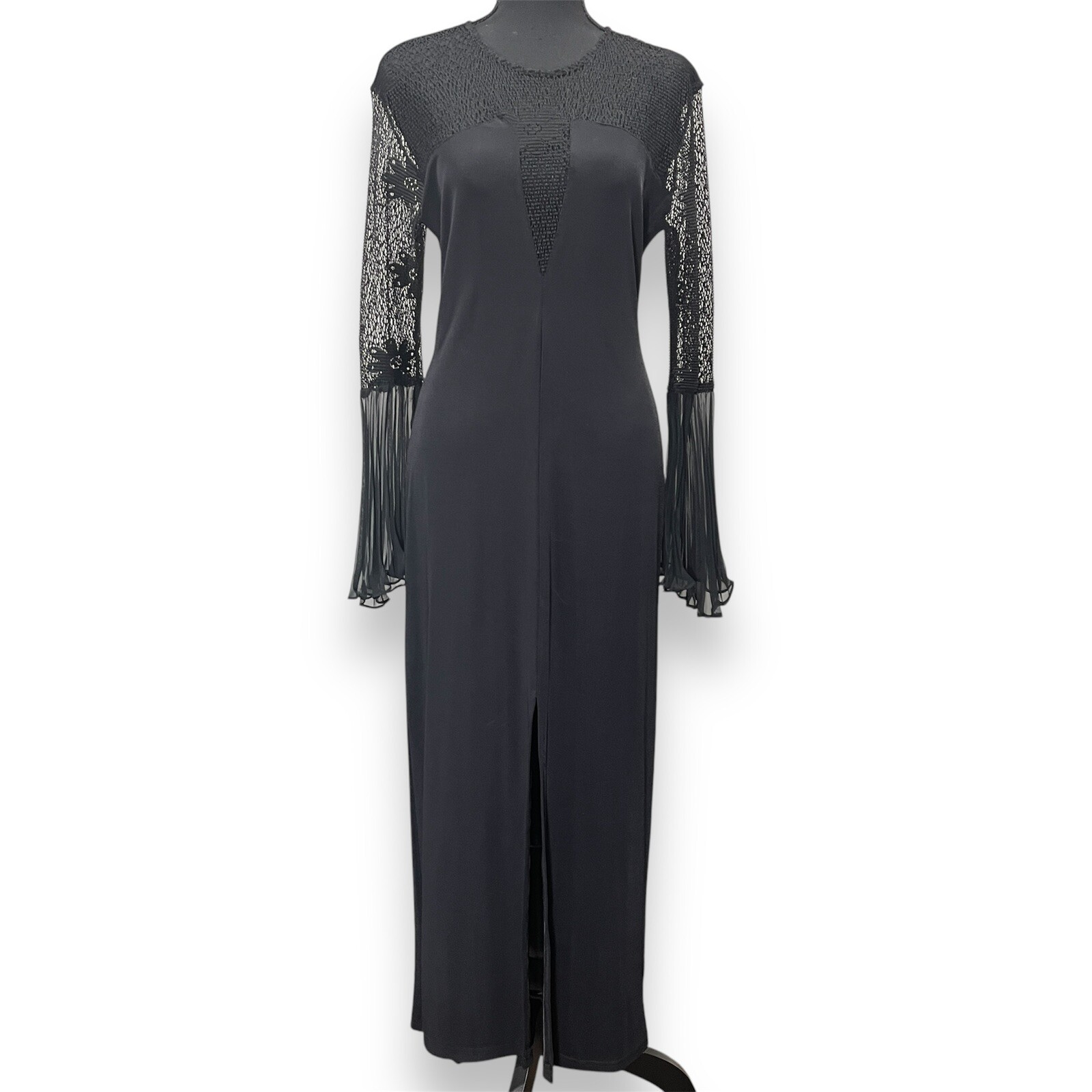 American Vintage Black Dress Mesh Lace Sheer Pleated Bell Sleeves Front Slit S/M