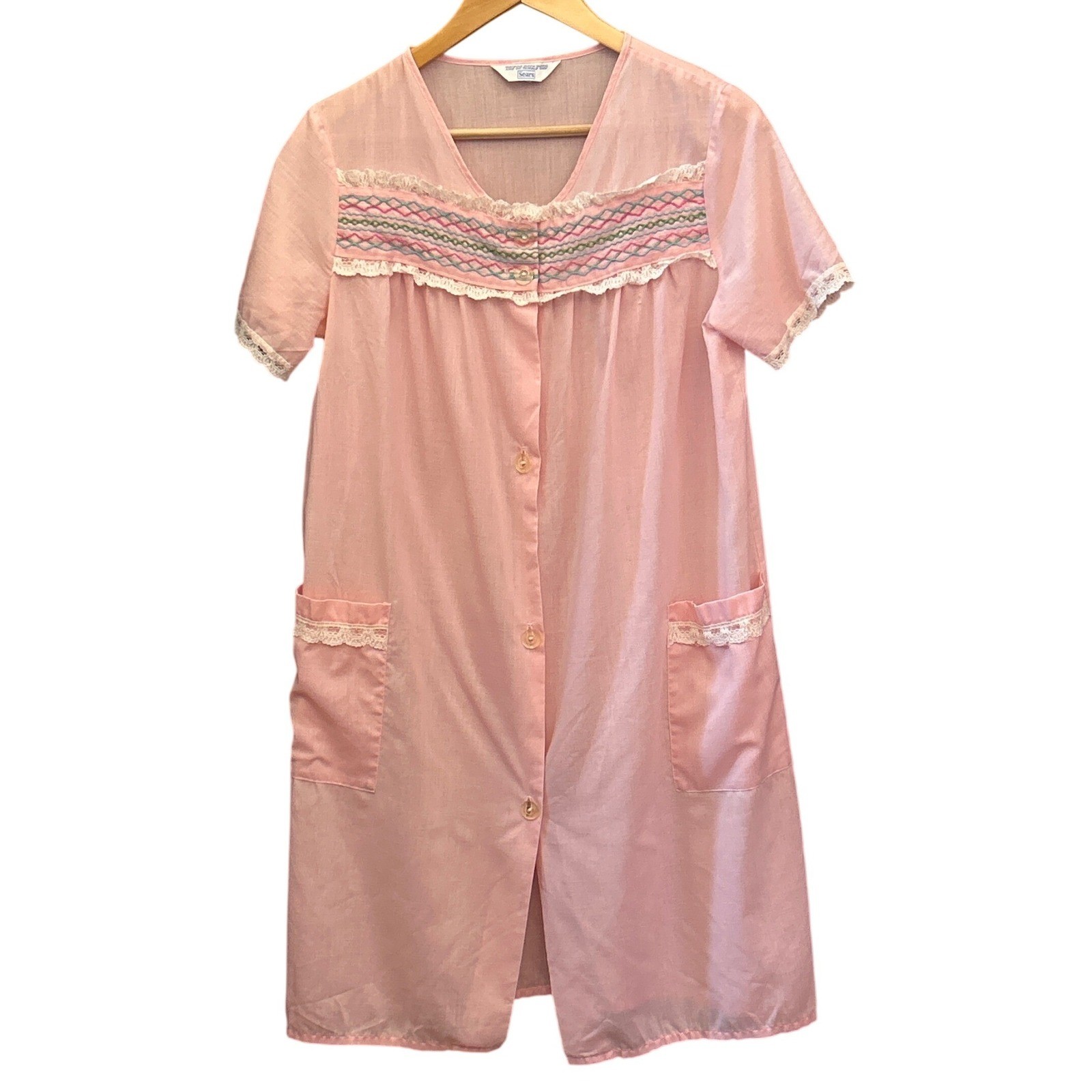 Vintage Sears House Dress Cottagecore Grannycore Pastel Smocked Pink Button Up