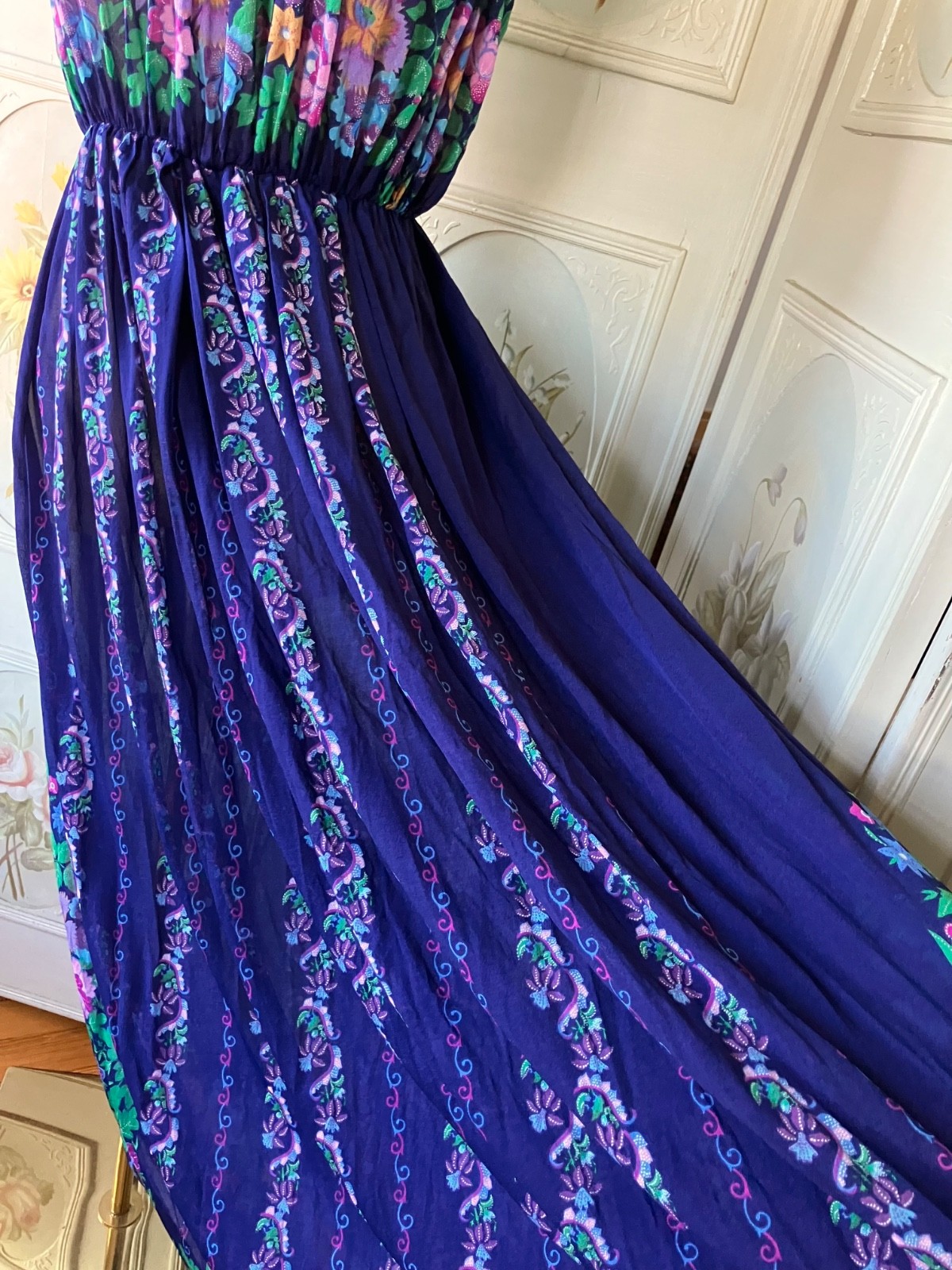 VTG 70s GOTTEX NEIMAN MARCUS DRESS SLEEVELESS TRIACETATE HAWAII PURPLE FLORAL M