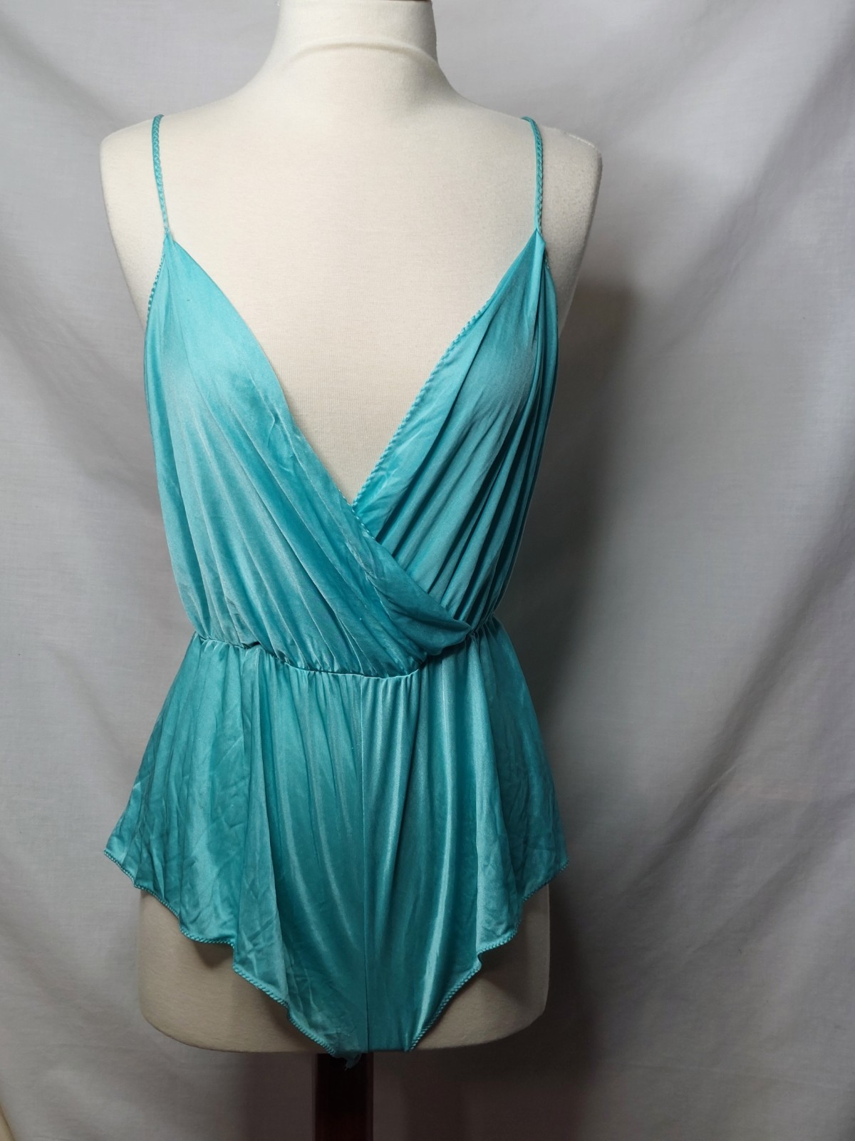 Vintage Aqua Satin Teddy Romper Lingerie Draped Wrap One Piece S/M Y2K Fairycore