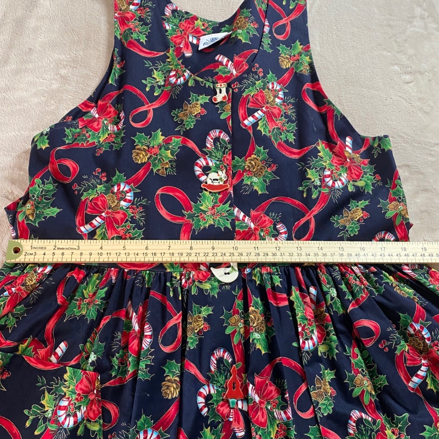 Vintage Dogwood Lane Christmas Dress Womens Medium Navy Blue Novelty Button Midi