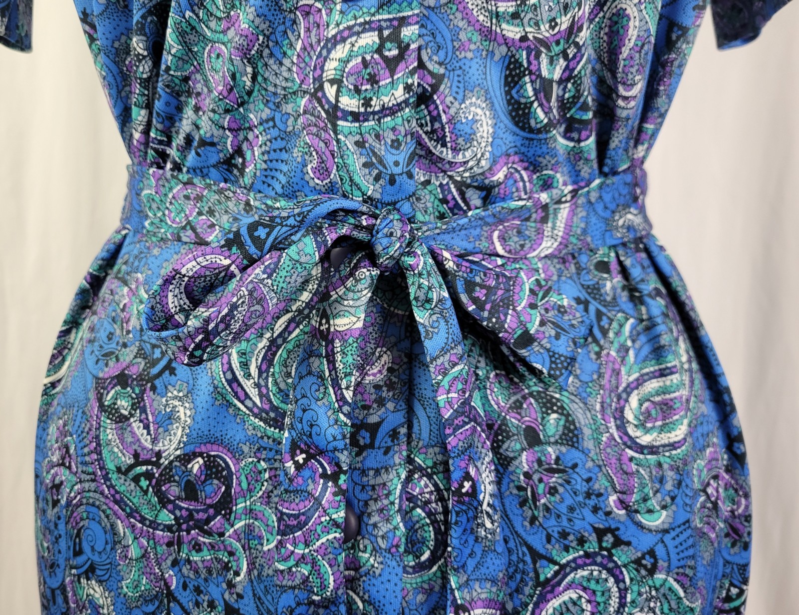 Vintage Ina Carol Blue & Purple Paisley S/S Dress w Matching Tie Belt Size 14