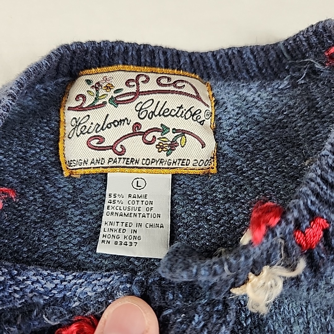VTG 2003 Womens Blue Embroidered Design Knit Sweater Size L Flowers Hearts Bugs